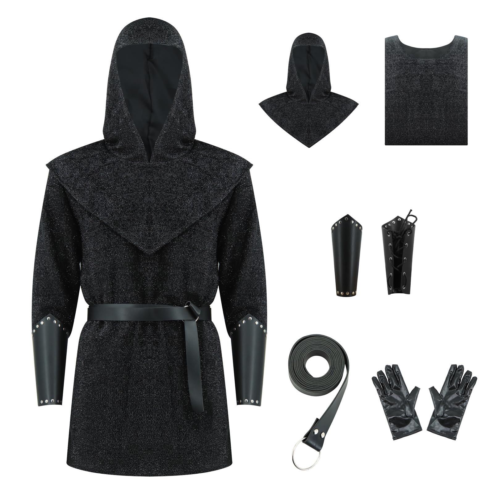 Renaissance Chain Mail Armor Tunic Shirt Coif Medieval Knight Cowl Crusader Costume Outfit Belt Gloves Bracers Set XL