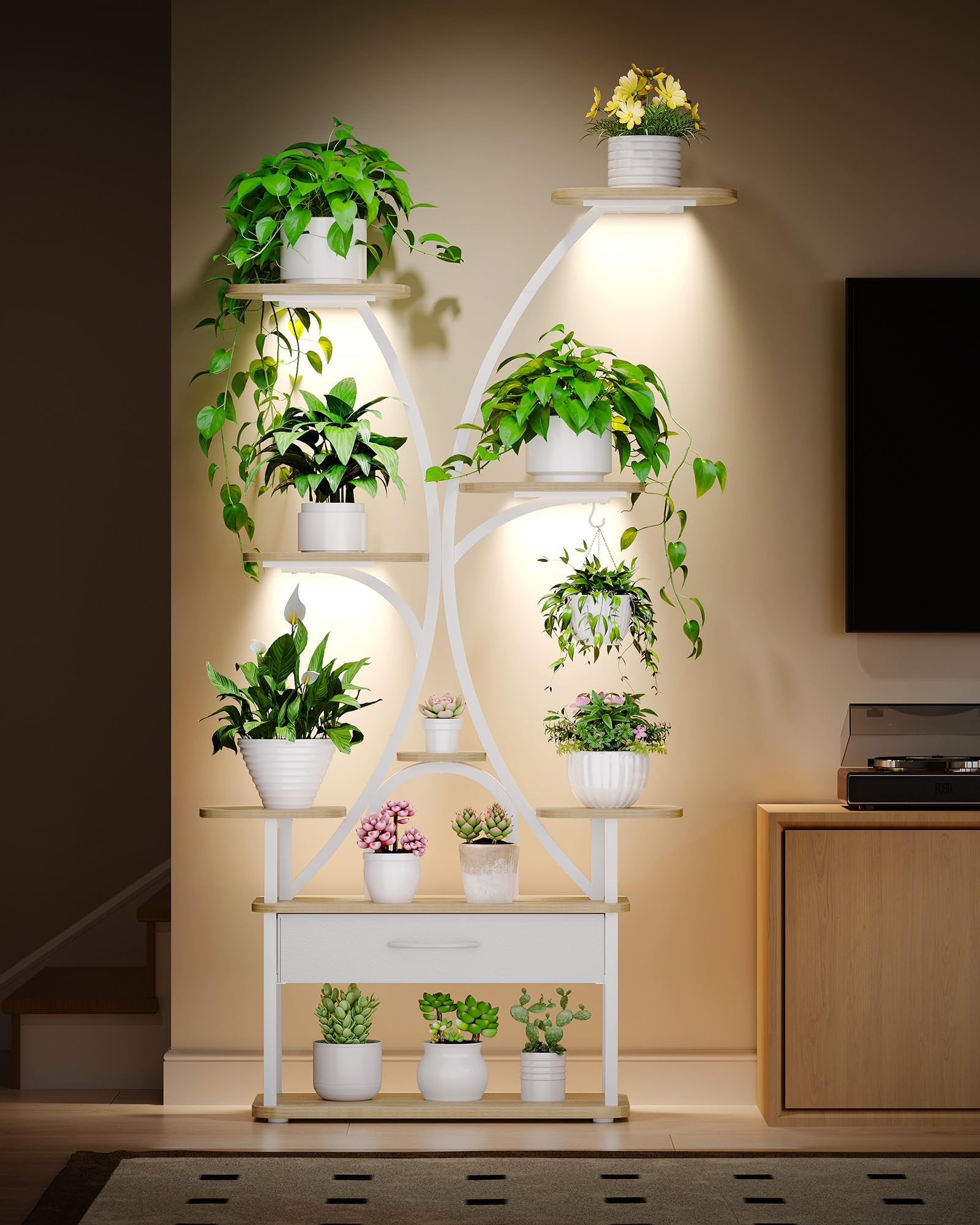 Hzuaneri Support Plantes avec Lumière de Croissance, Support de Fleurs à 9 Niveaux avec 4 Lampes LED R-G, Couleur et Timing Réglables, pour Salon, Balcon, Jardin, Blanc, PS16016WEU