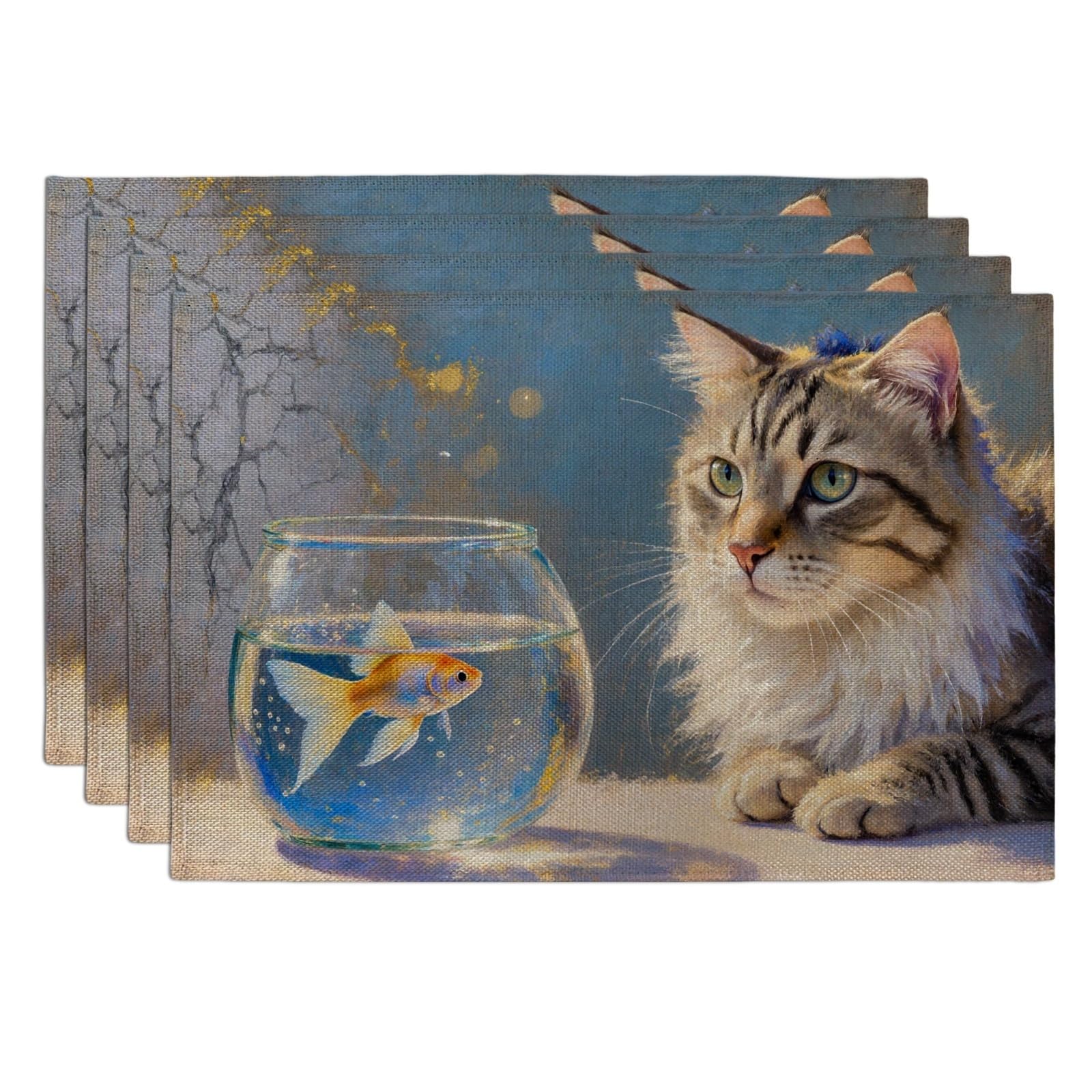 Cat and Fishes Placemats, Fanciful Artistic Table Mats for Dining Room, Everyday Decorative Non-Slip Washable Indoor Outdoor Kitchen Party Placemat Set of 4