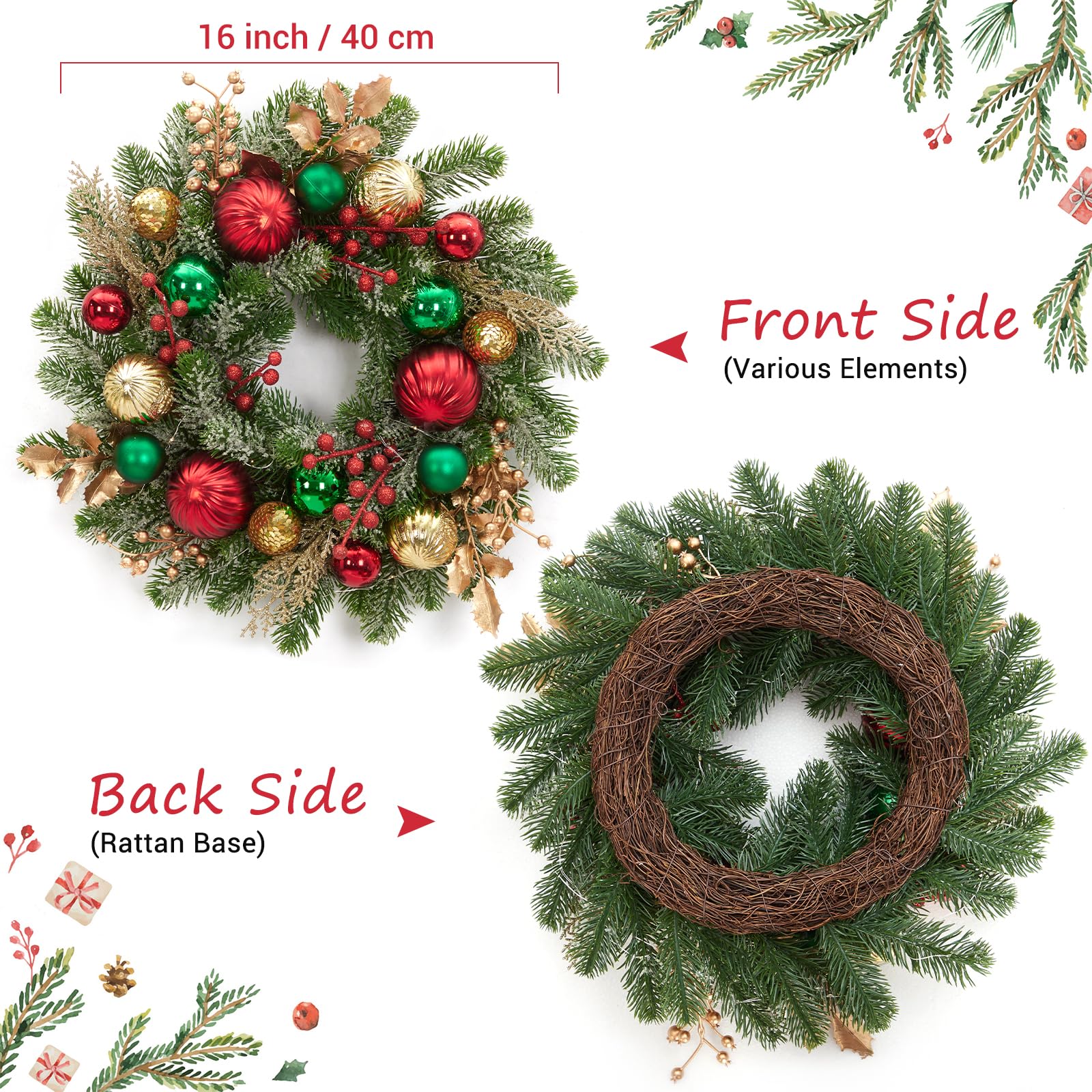 Couronne de Noël de 40,6 cm pour porte d'entrée, couronne de Noël lumineuse avec 30 lumières LED, minuteur, boules de Noël rouges, vertes, dorées, à piles, couronne d'hiver floquée pour