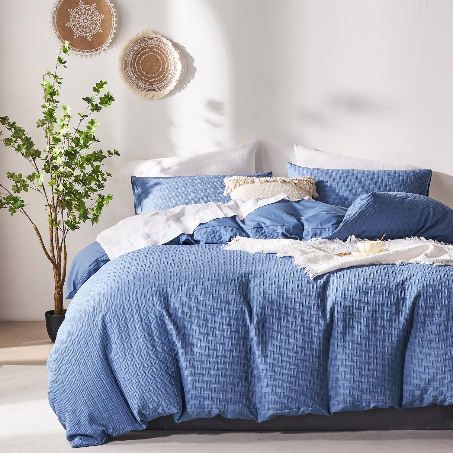 SenvilleBlue Duvet Cover Set Queen Size,Waffle Weave Queen Duvet Cover,3PCS Soft and Breathable Textured Bedding Set with Zipper Closure(Blue,90"x90")
