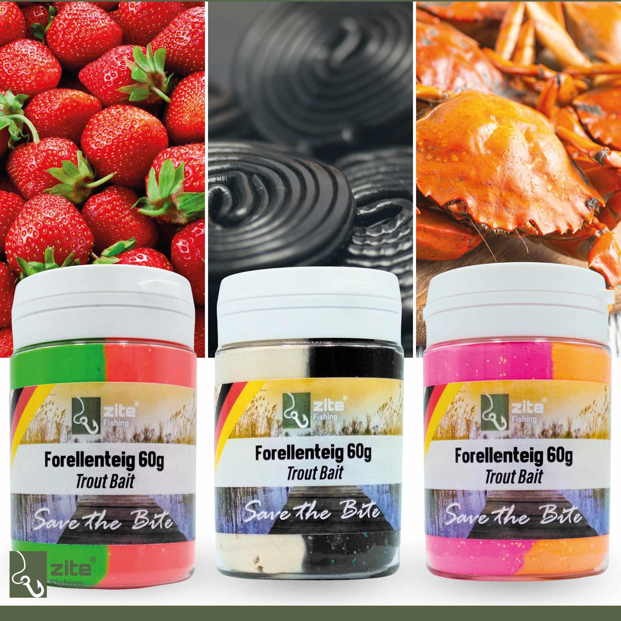 Zite Fishing Lot de 6 pâtes à truite – Pâte de pêche avec paillettes, arômes spéciaux et couleurs – 6 x 60 g Pâte à pêche avec ail, réglisse, fraise et crabe