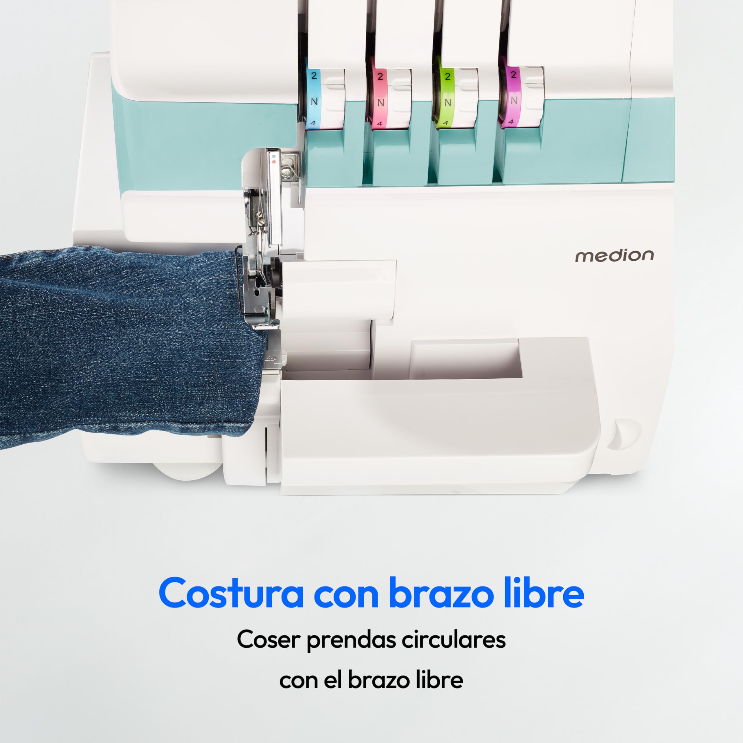 MEDION Máquina de coser overlock SO90 (eléctrica, 90 vatios, luz LED, corte en una pasada, numerosos accesorios, MD19169) turquesa
