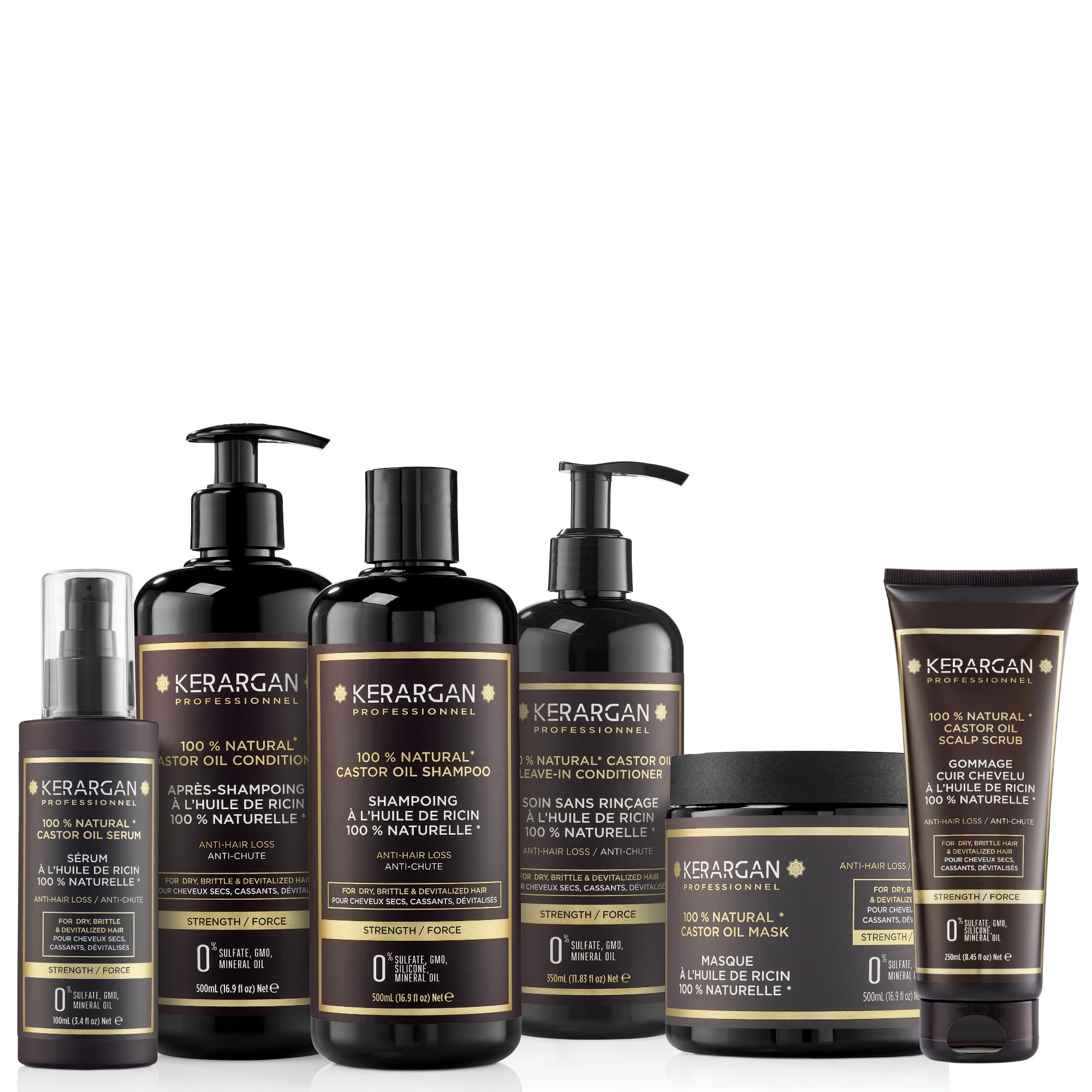 KERARGAN - Rizinusöl 6er Set Anti-Haarbruch - 3x500ml+100ml+350ml+250ml | Shampoo, Conditioner, Haarmaske, Haarserum, Leave-in Pflege und Kopfhautpeeling, komplette Anti-Haarbruch-Routine