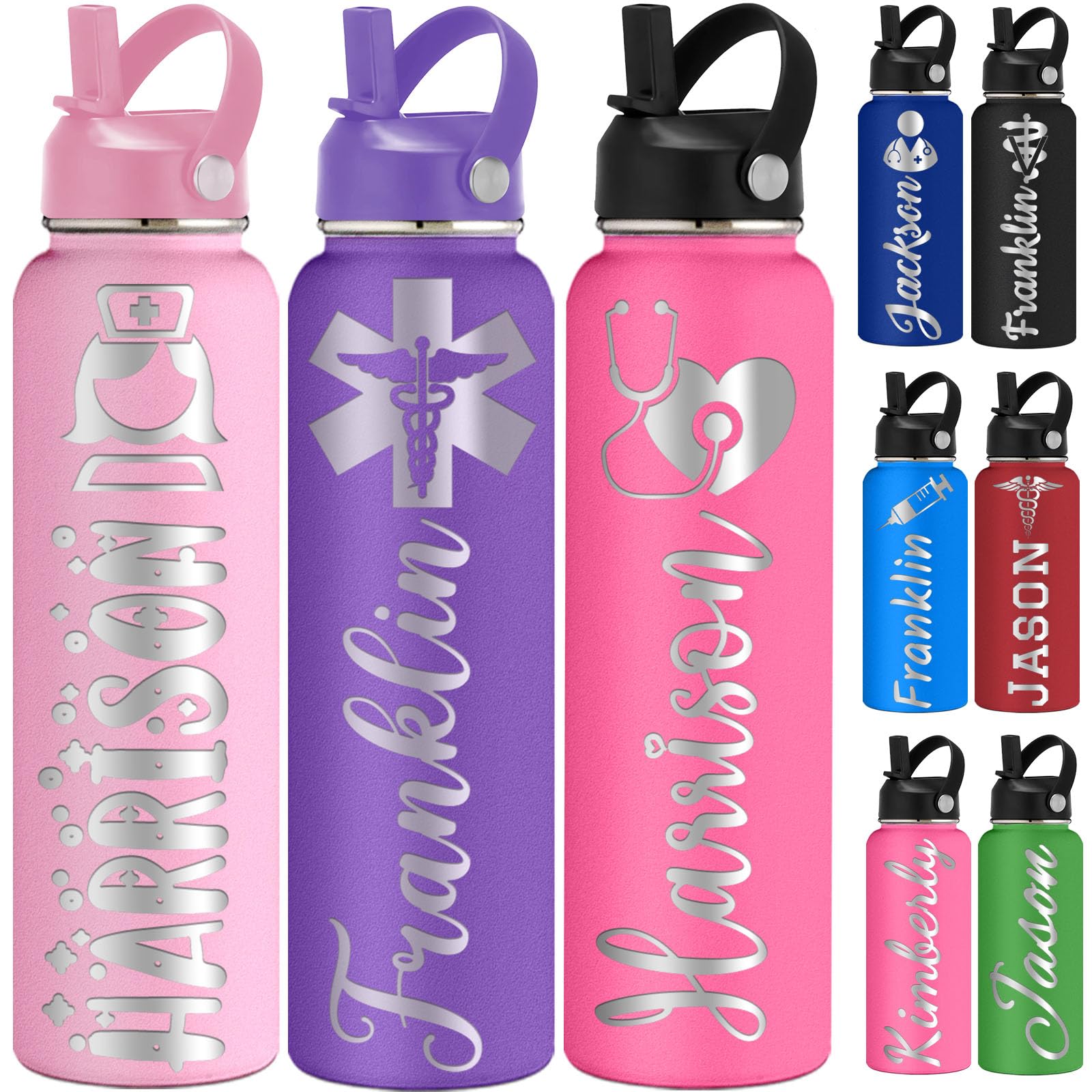 FwSYouMAI Custom Nurse Water Bottle with Straw 12/18/24/32oz Personalised Insulated Water Bottles Engraved Name Customised Stainless Steel Bottle โ image 1