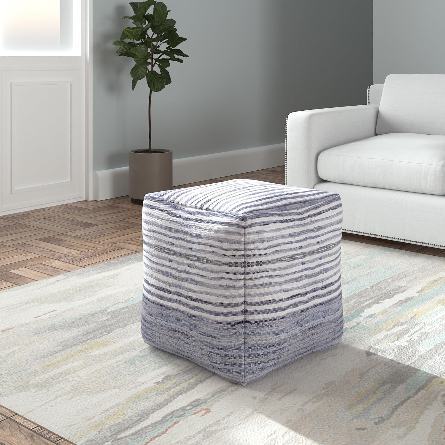 Navy Blue/White Striped Cotton Ottoman Pouf | Handmade Square Foot Rest, Small Ottoman Foot Stool for Living Room, Bedroom & Extra Seating | 18" x 18" x 18" Soft Decorative Pouf