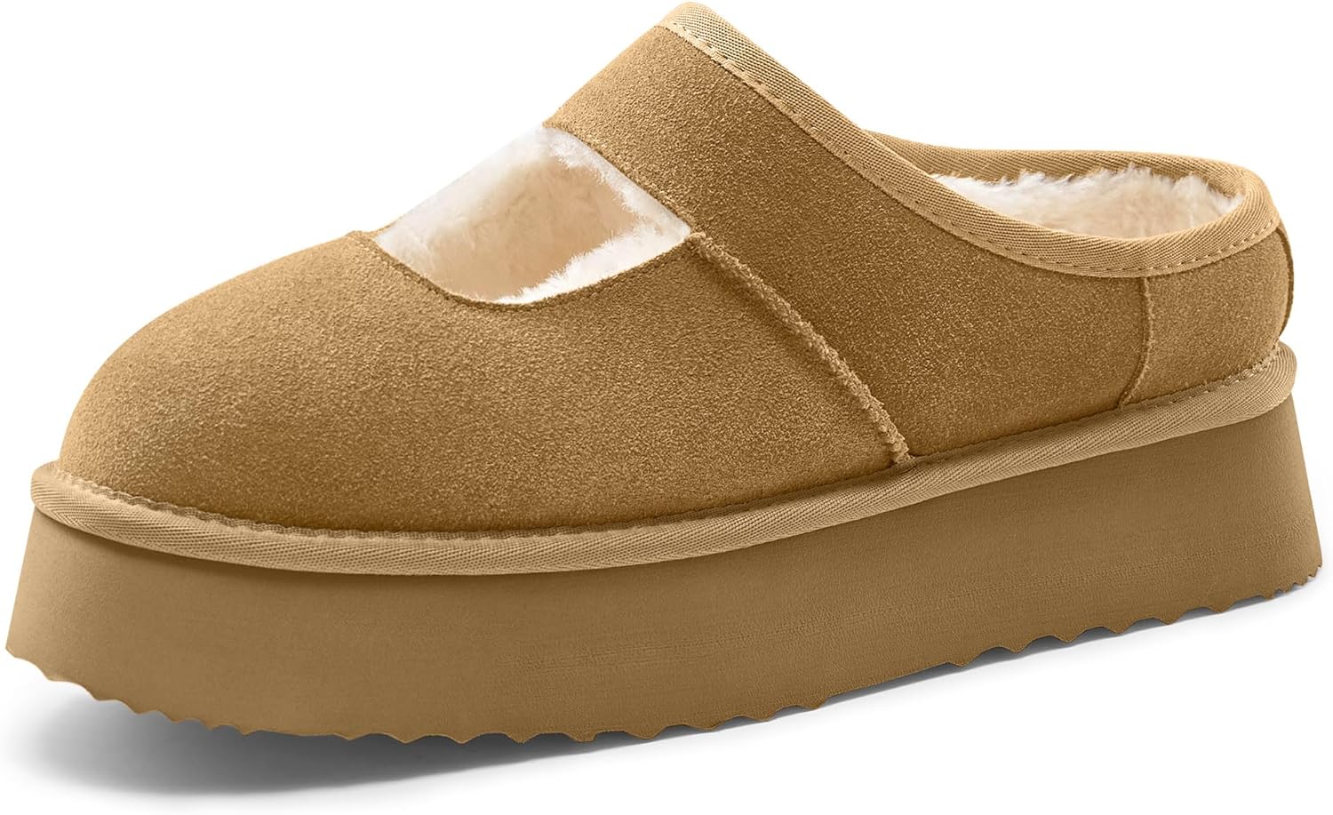 Vilanva Platform Slippers for Women Cozy Fur Lined Slip on Mary Jane Winter Shoes Warm Comfy House Slippers for Indoor Outdoor