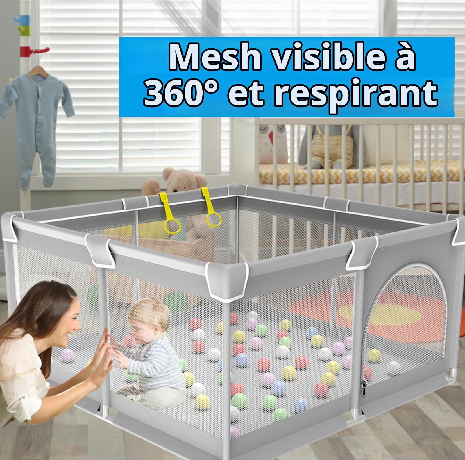 Parc Bebe, 125cm Parc Bébé Pliable avec Maille Douce Respirante, Parc Enfant avec Base Antidérapante et Porte Zippée, Espace d'activités pour Enfants Intérieure et Extérieure, de 0 à 6 Ans