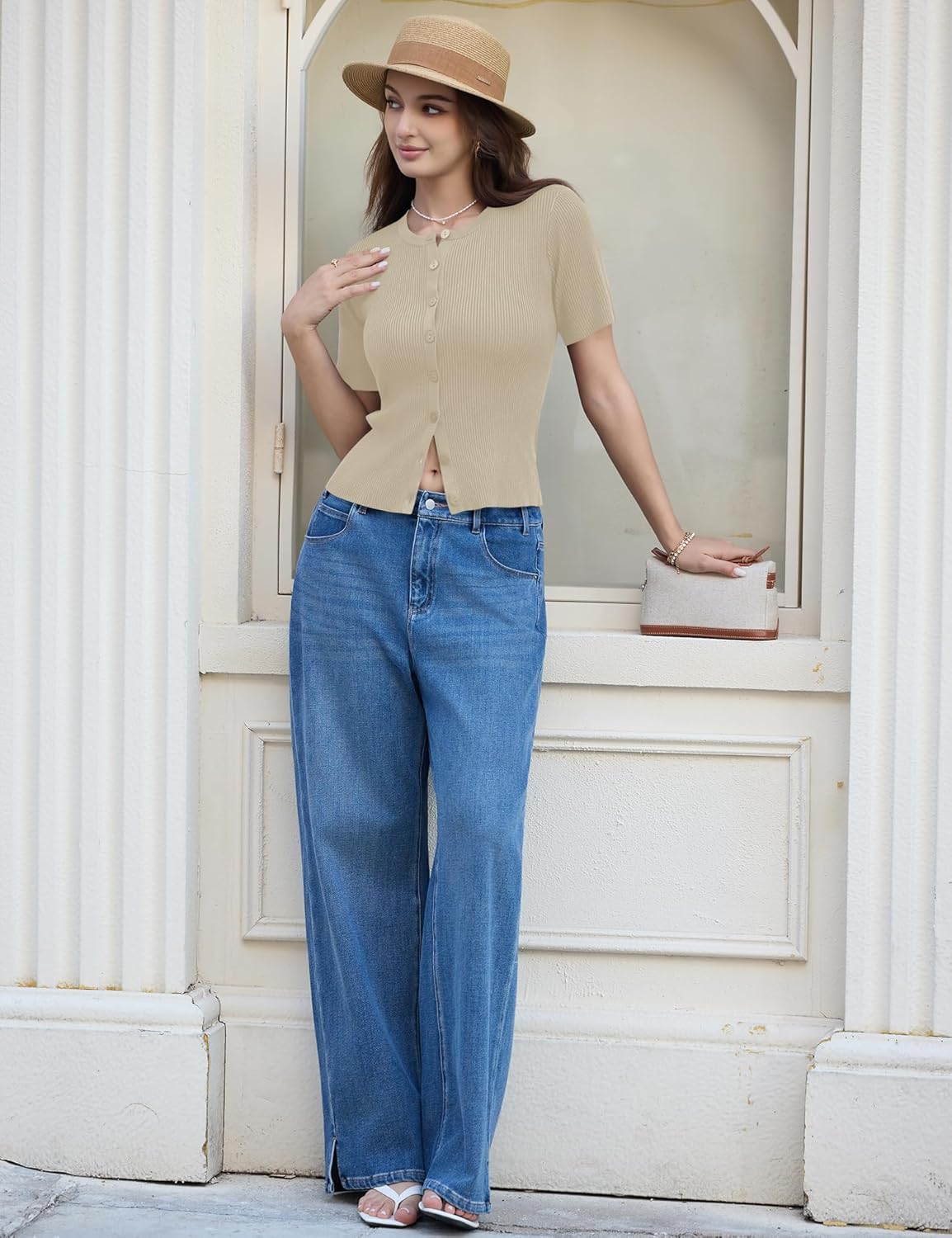 Kistore Womens Casual Summer Short Sleeve Sweater Cardigan Button Down Crew Neck Knitted Crop Cardigan Tops - Image 5