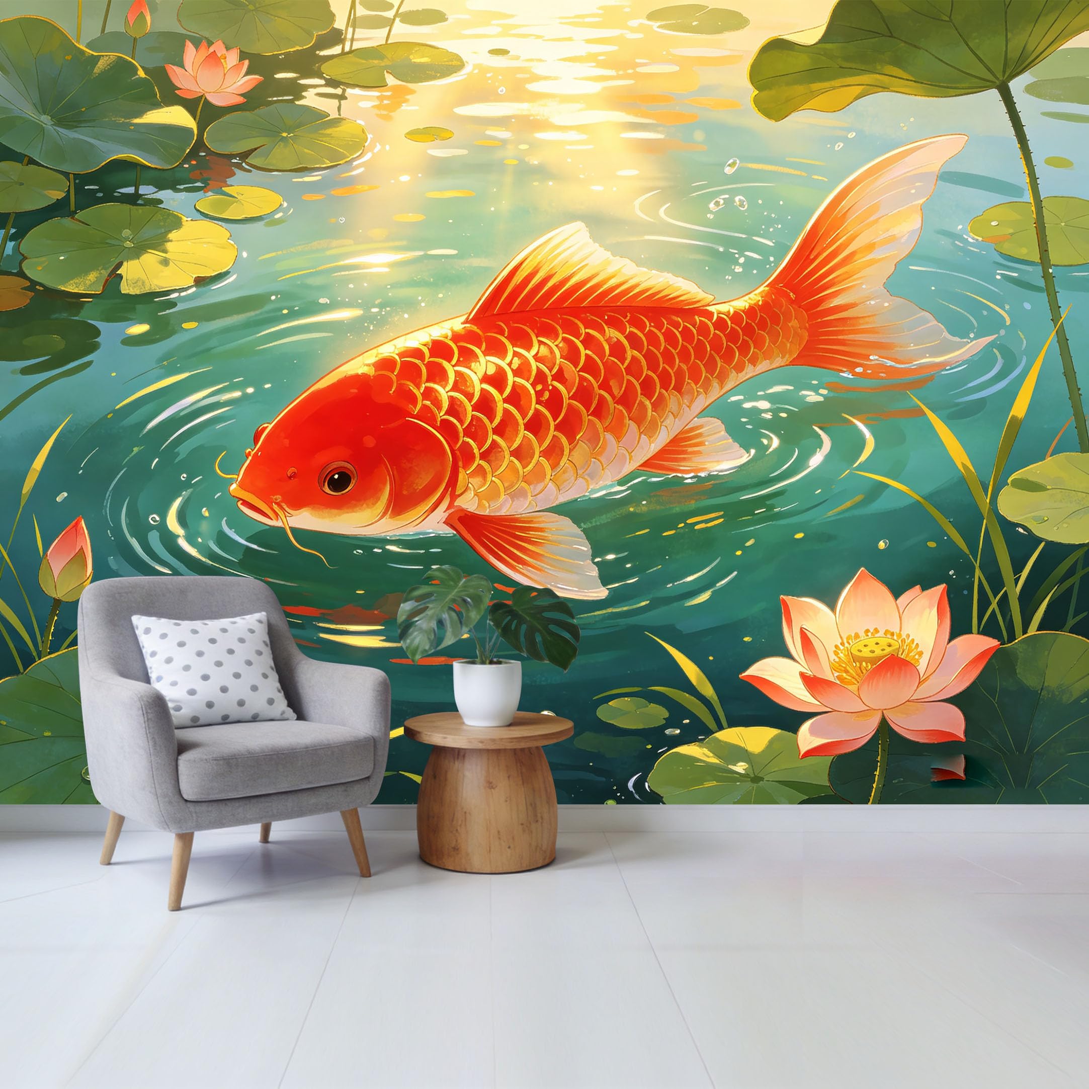 Qzlithotic Yq2605250403 Custom Size Wall Mural Golden Koi Fish Swimming In Pond With Lotus Flowers Watercolor Botanical Style Selfadhesive Wall Fabric Removable Wallpaper For Home Office Decor