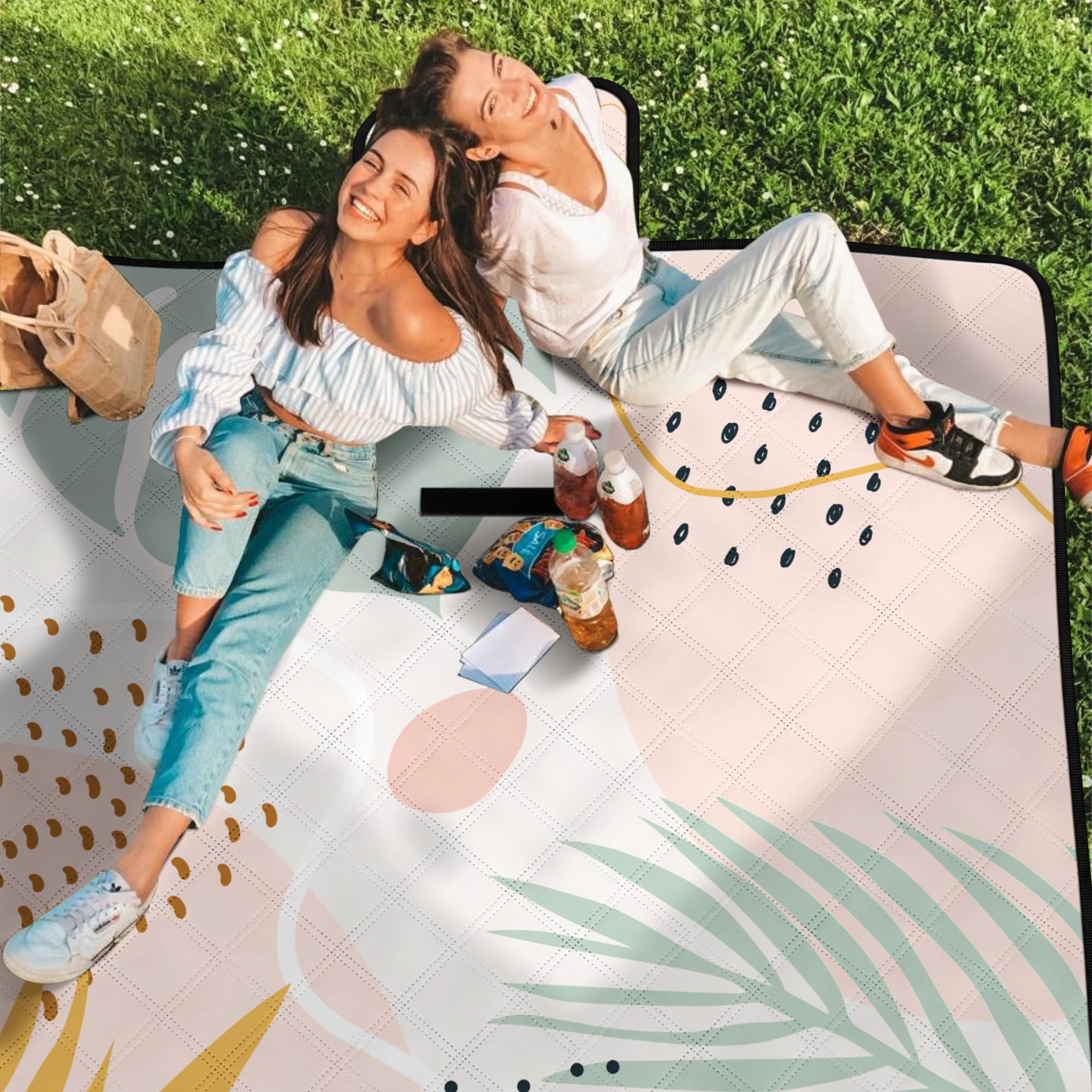 Jopee Picknickdecke Sandfrei, 200 x 200cm Wasserdicht Stranddecke für 4-6 Personen, Leicht und Tragbar Campingdecke mit Tragegriff, Faltbare Strandmatte für Wandern, Reisen, Outdoor - Blätter