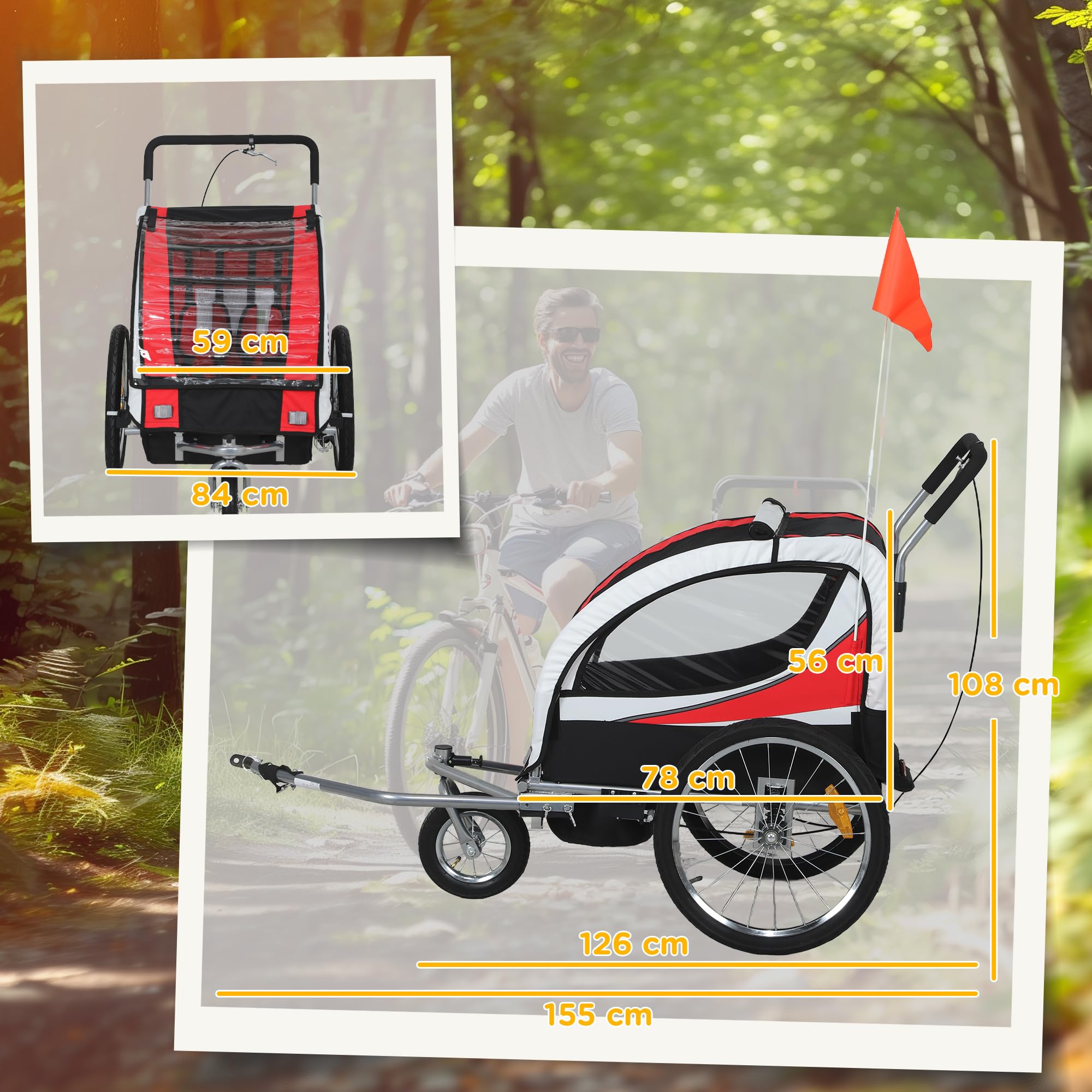 HOMCOM Remorque Velo Enfant 2 en 1 Poussette vélo bébé 2 Places avec Ceinture de sécurité 5 Points, réflecteurs, Drapeau et attelage, Charge 40 Kg, Rouge