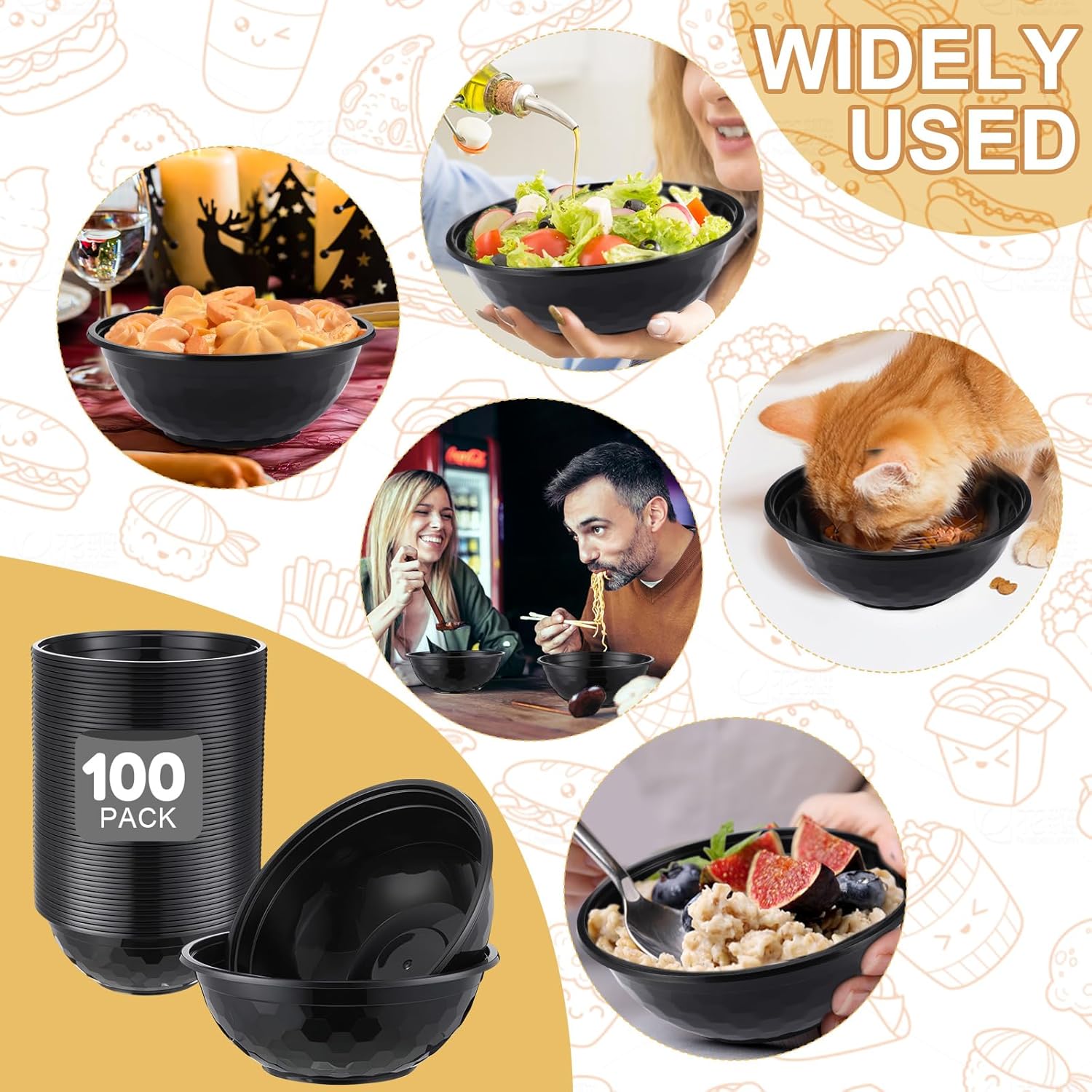 100 Pack 32oz Black Disposable Plastic Bowls Plastic Salad Bowls Large Stackable Serving Soup Dinnerware for Birthdays, Weddings, Parties, Festivals - Image 5