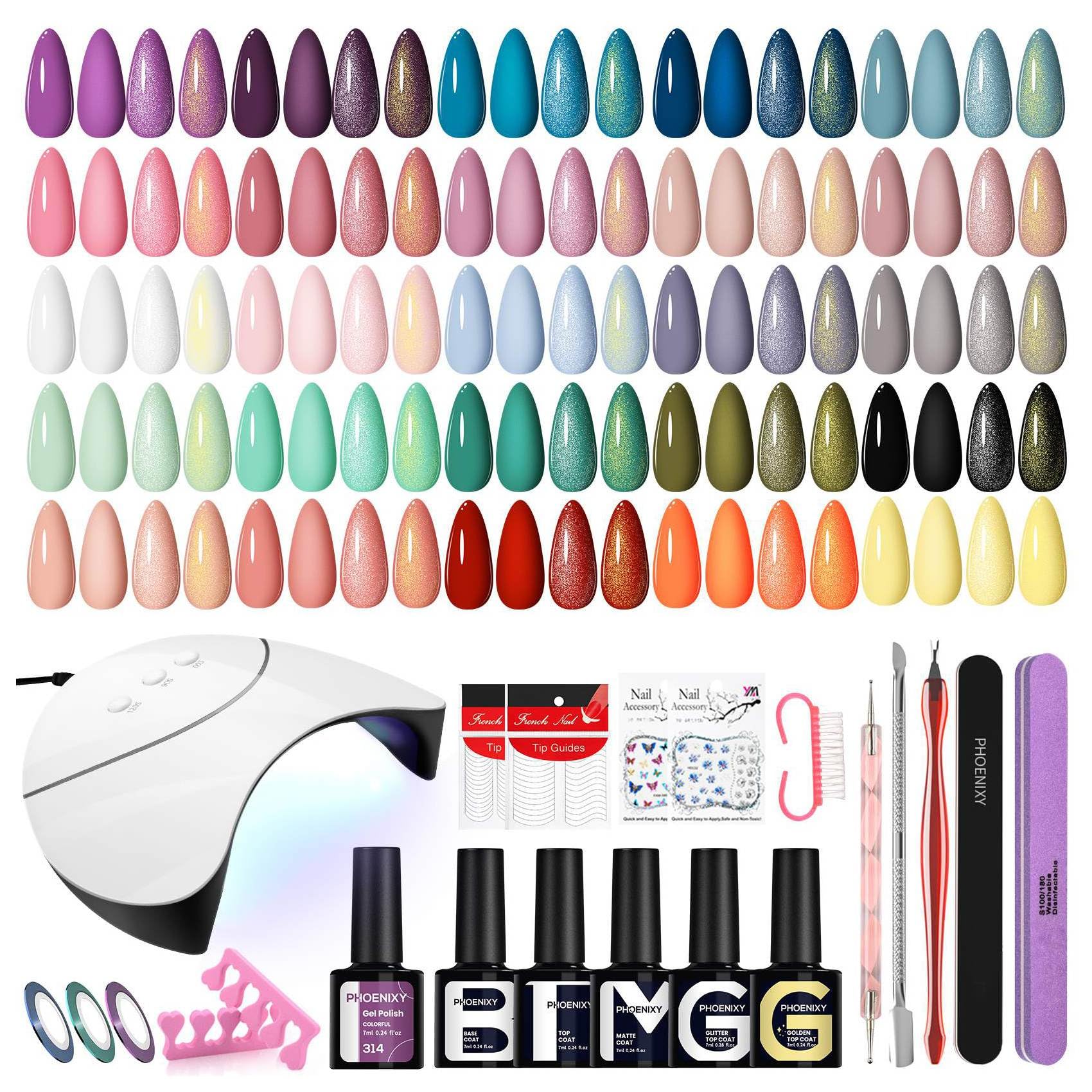 Phoenixy Kit Unghie Gel Completo 25 Colori Kit Semipermanente Unghie con Base Top Coat Semipermanente Unghie U V/LED Lampada Regali Perfetti Rosa Rosso Blu Viola