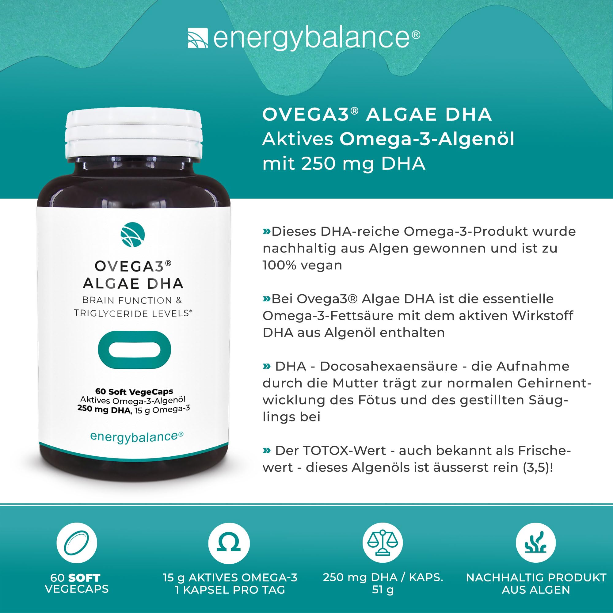 EnergyBalance Ovega3 Algae DHA – Veganes Omega 3 aus Algenöl – 60 VegeCaps mit 250 mg DHA – Pflanzliche Alternative zu Fischöl – Ohne Gelatine, Vegan, Glutenfrei