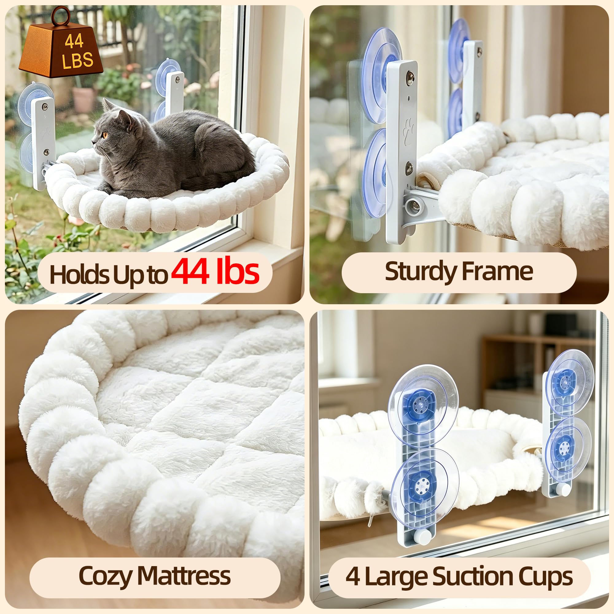 Katzenhängematte Fenster, Faltbares Katzenbett für Fenster mit 4 Starken Saugnäpfen, bis 20kg, Plüsch Fensterplatz für Katzen, Maschinenwaschbar, 50x36cm