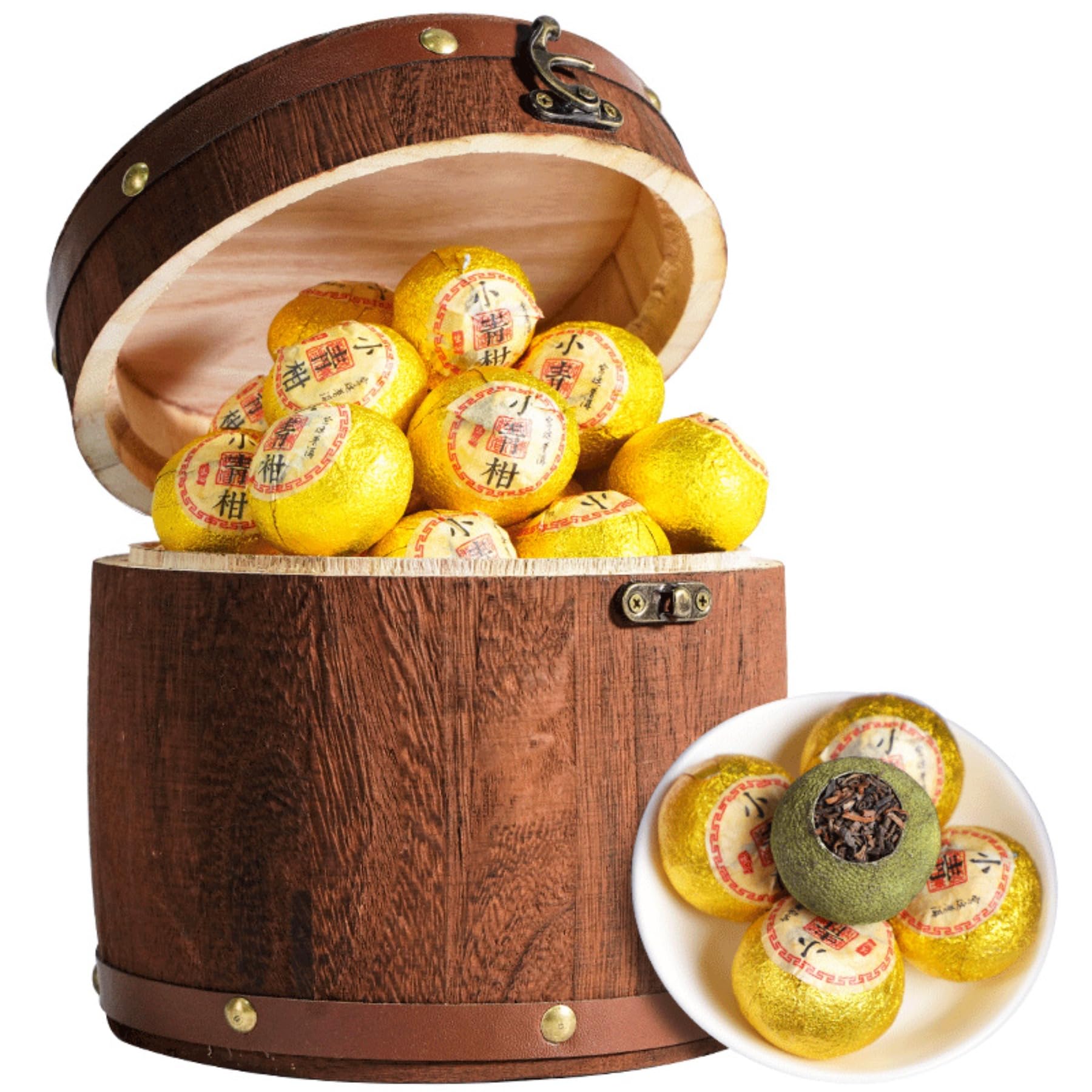 Xinhui Petite Mandarine Verte Puerh Ripetea 500g Baril En Bois Brillant Et Rond De 17,64 Oz