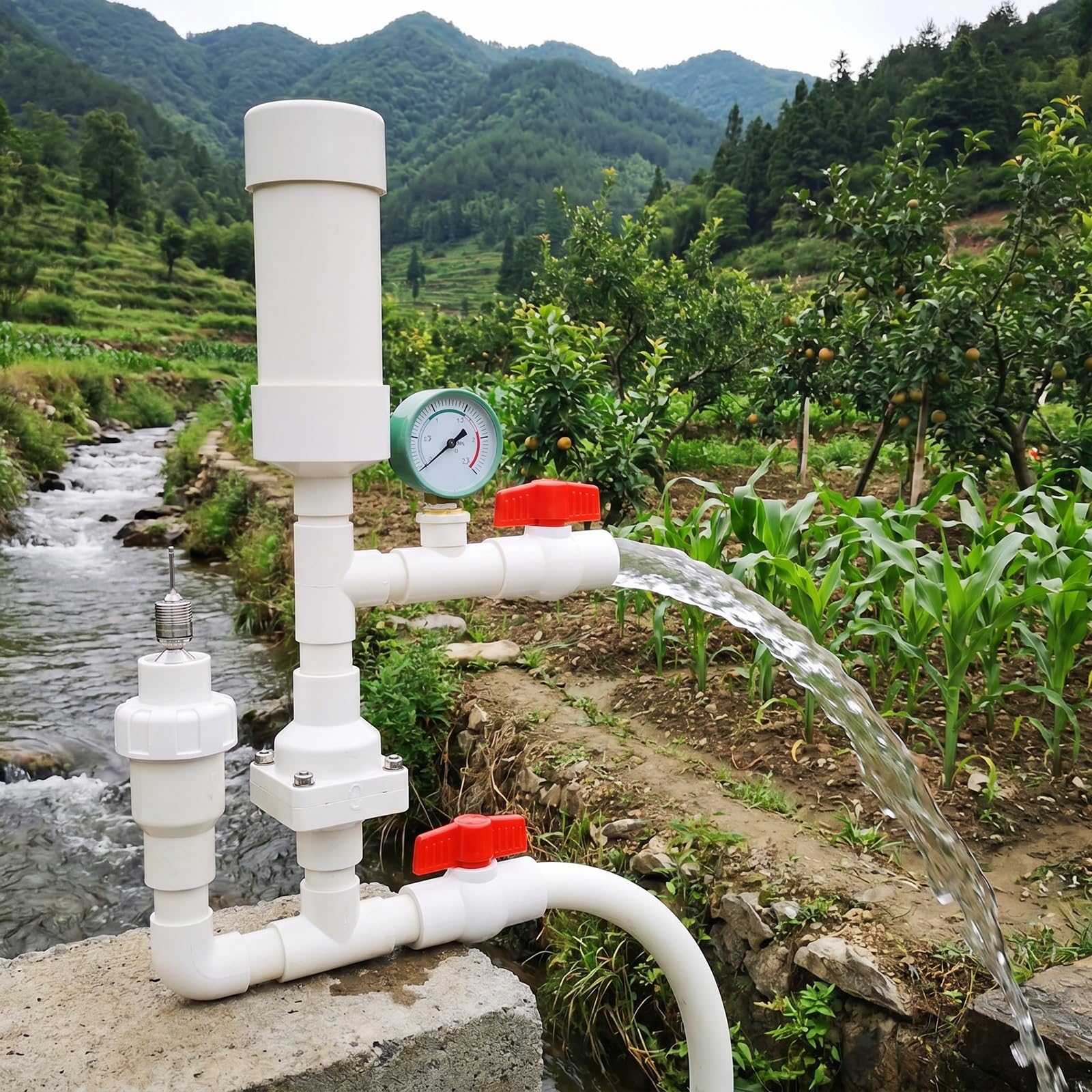 Hydraulische Rammwasserpumpe, netzunabhängige wasserbetriebene Pumpe für die Bergbewässerung, kein Strom oder Kraftstoff erforderlich, auto Hammerpumpen mit hohem Hub(Inlet 1'' Outlet 3/4'')