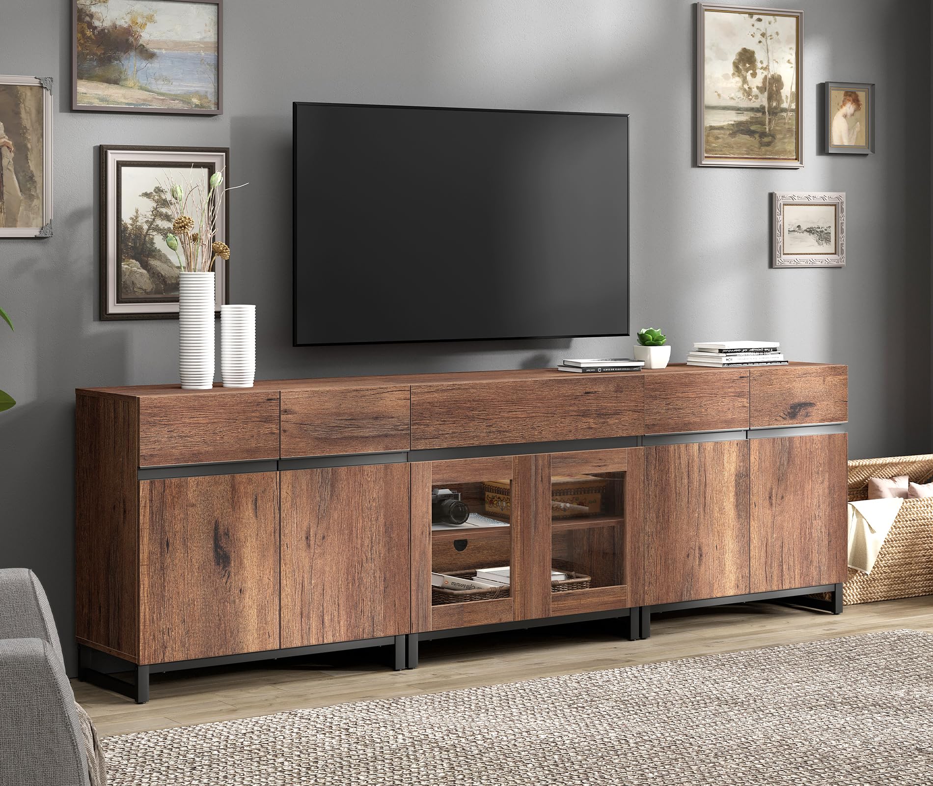 WAMPAT TV Stand for TVs up to 90 inch, 3 in 1 Modern Entertainment Center with Metal Base & 2 Adjustable Shelves, TV Console for Living Room,Brown