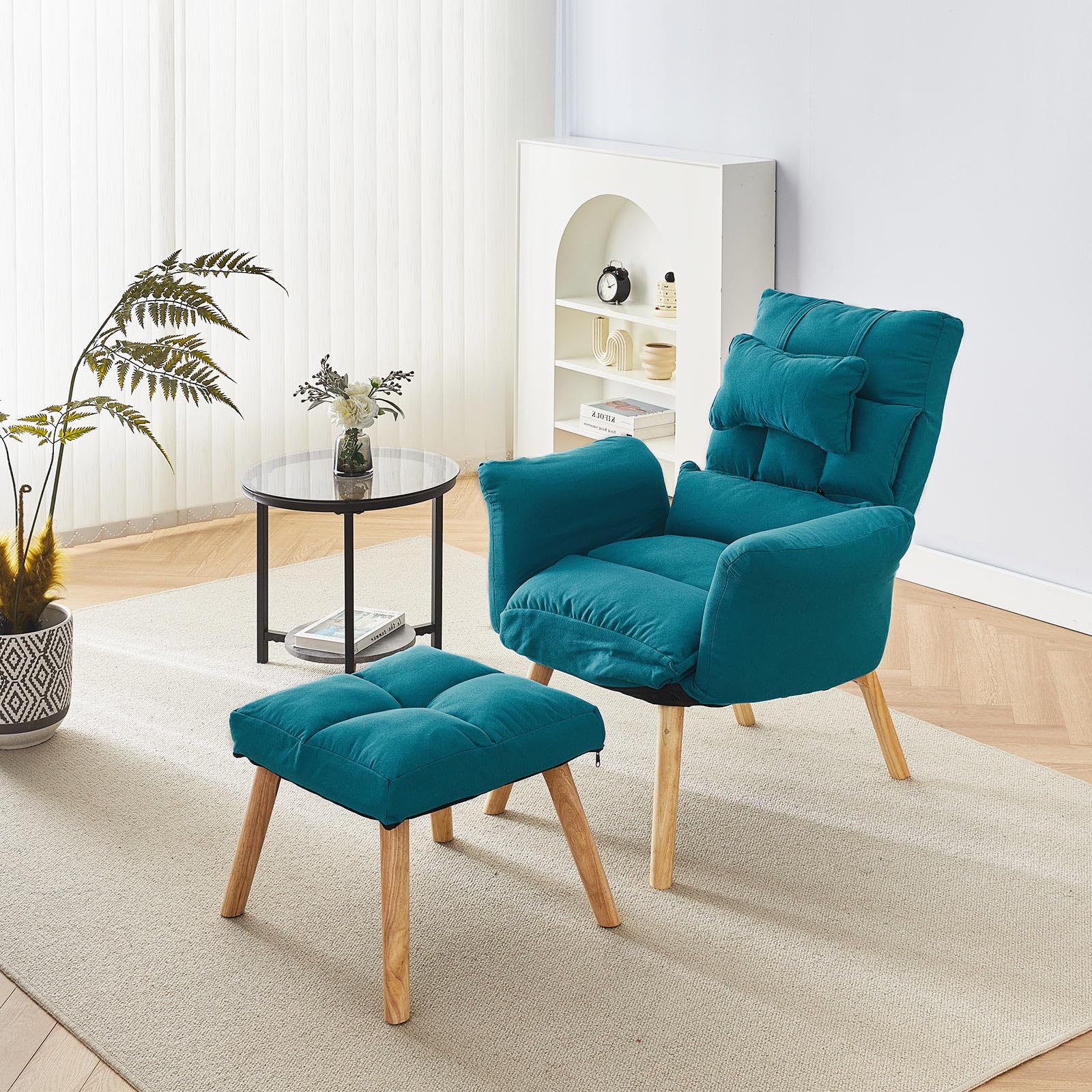 CLIPOP Relaxsessel mit Hocker Verstellbarer Lesesessel mit 6 Positionen Extra Dick Gepolsterter Lehnstühle Liegesessel Fernsehsessel Ohrensessel mit Liegefunktion (Blau)
