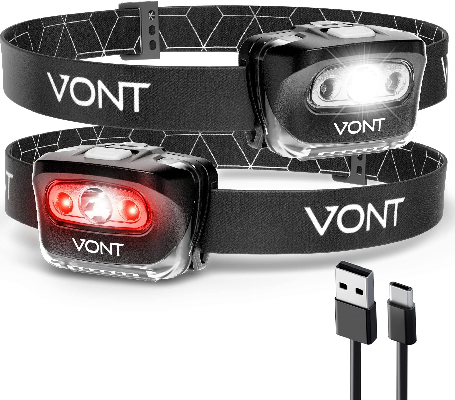 Vont LED Headlamp [Batteries Included, 2 Pack] IPX5 Waterproof, with Red Light, 7 Modes, Head Lamp, for Running, Camping, Hiking, Fishing, Jogging, Headlight for Adults & Kids, Red (Rechargeable)