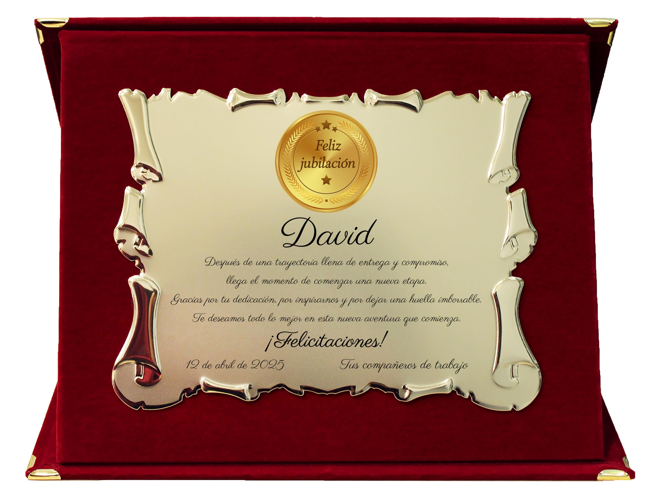 Placa de Jubilación Personalizada | Regalo de Agradecimiento por Retiro | Targa Estilo Pergamino con Estuche Elegante | con Medalla Elegante