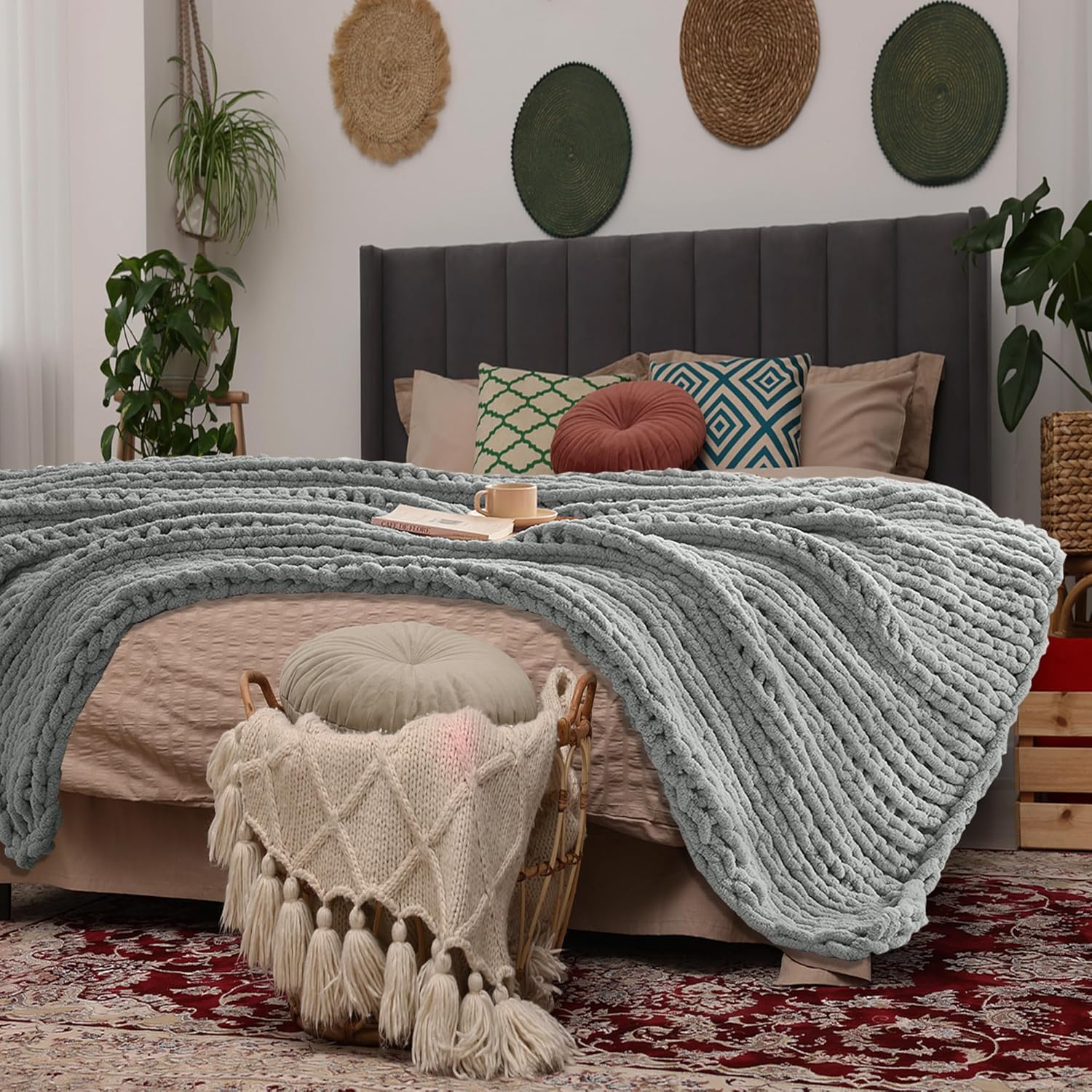 chunky knit blanket throw 60" x 80", handmade warm & soft chenille throw blanket, washable decorative throw blanket with jumbo chenille yarn for couch bed sofa, light grey light grey 60" x 80"