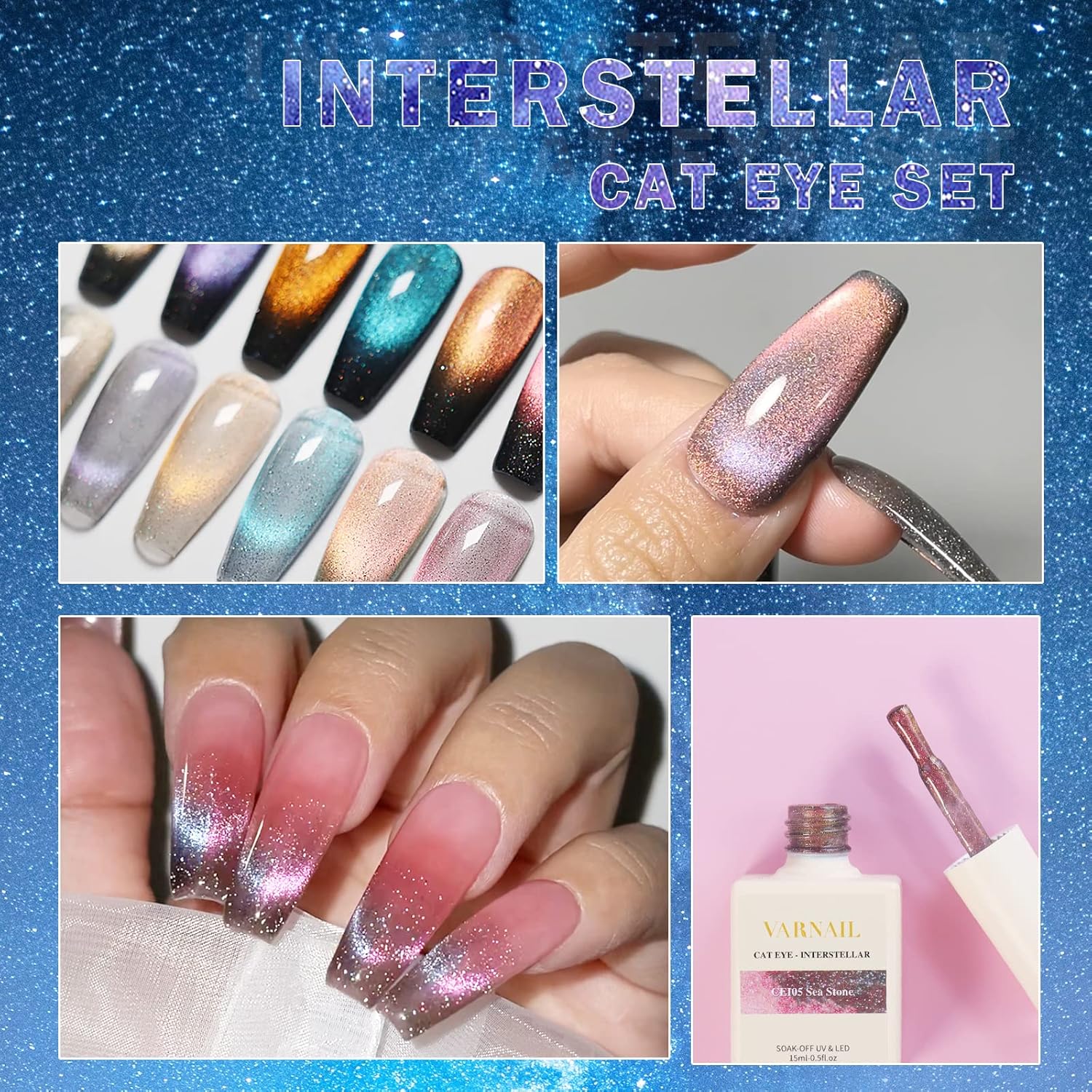 VARNAIL Interstellar Reflective Cat Eye Gel Polish Set 6 Colors, 15ML Glitter Flash Sheer Cat Eye Nail Gel Polish with Magnet, Soak off Gel Nail Polish Set, Salon Quality Magnetic Nail Gel