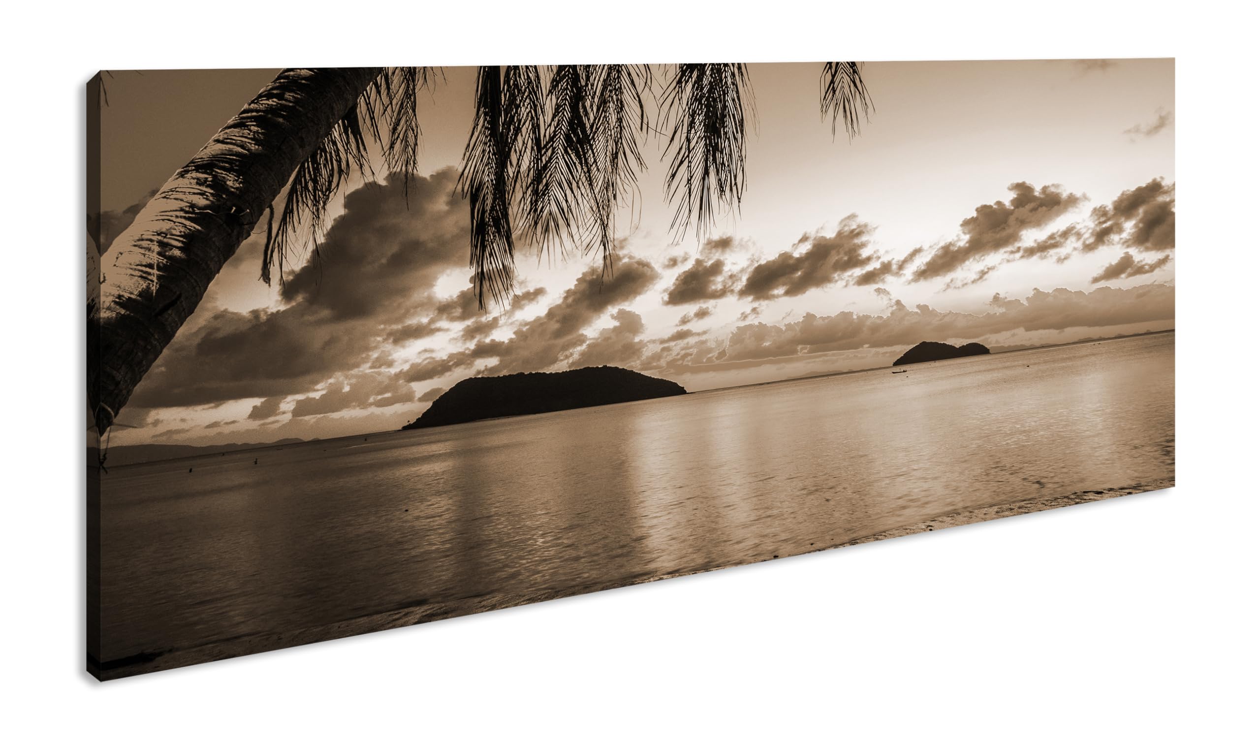 wundervoller Sonnenuntergang am Strand mit Palmen Panorama 100x50 cm Effekt: Sepia als Leinwandbild, Motiv fertig gerahmt auf Echtholzrahmen, Hochwertiger Digitaldruck mit Rahmen