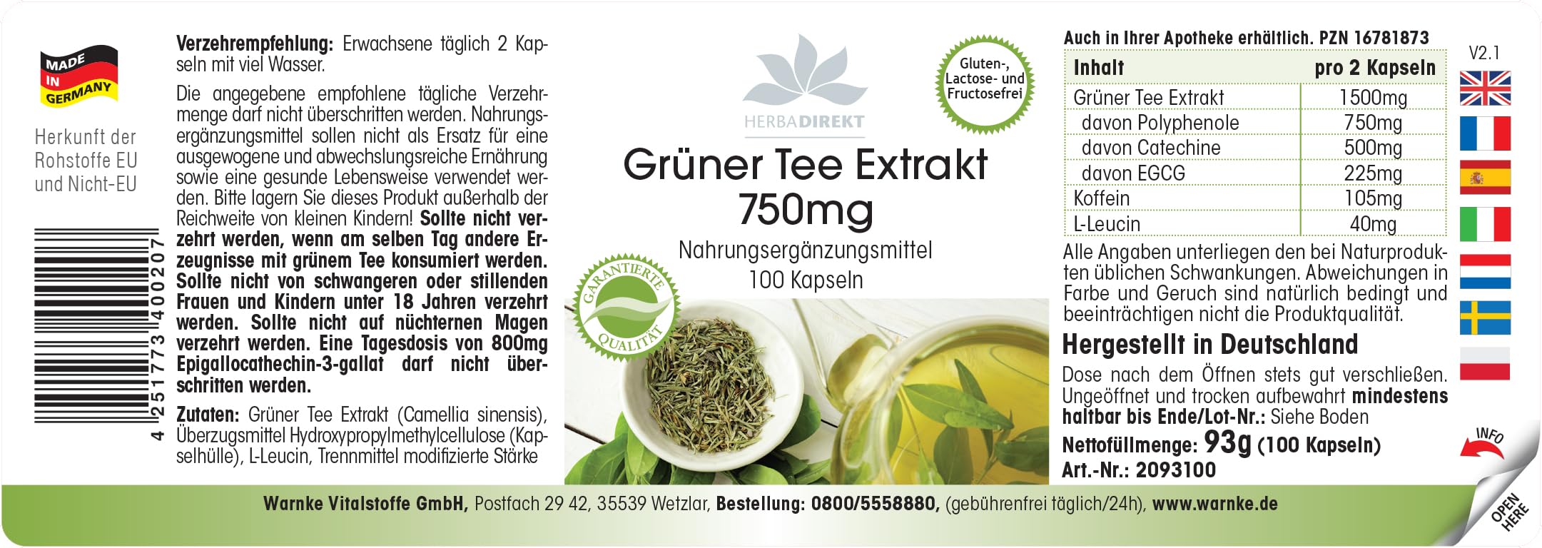 Estratto di tè verde 750 mg capsule - 100 capsule - polifenoli - catechine - EGCG - caffeina - ad alto dosaggio - vegano | HERBADIREKT by Warnke Vitalstoffe - Qualità farmaceutica tedesca