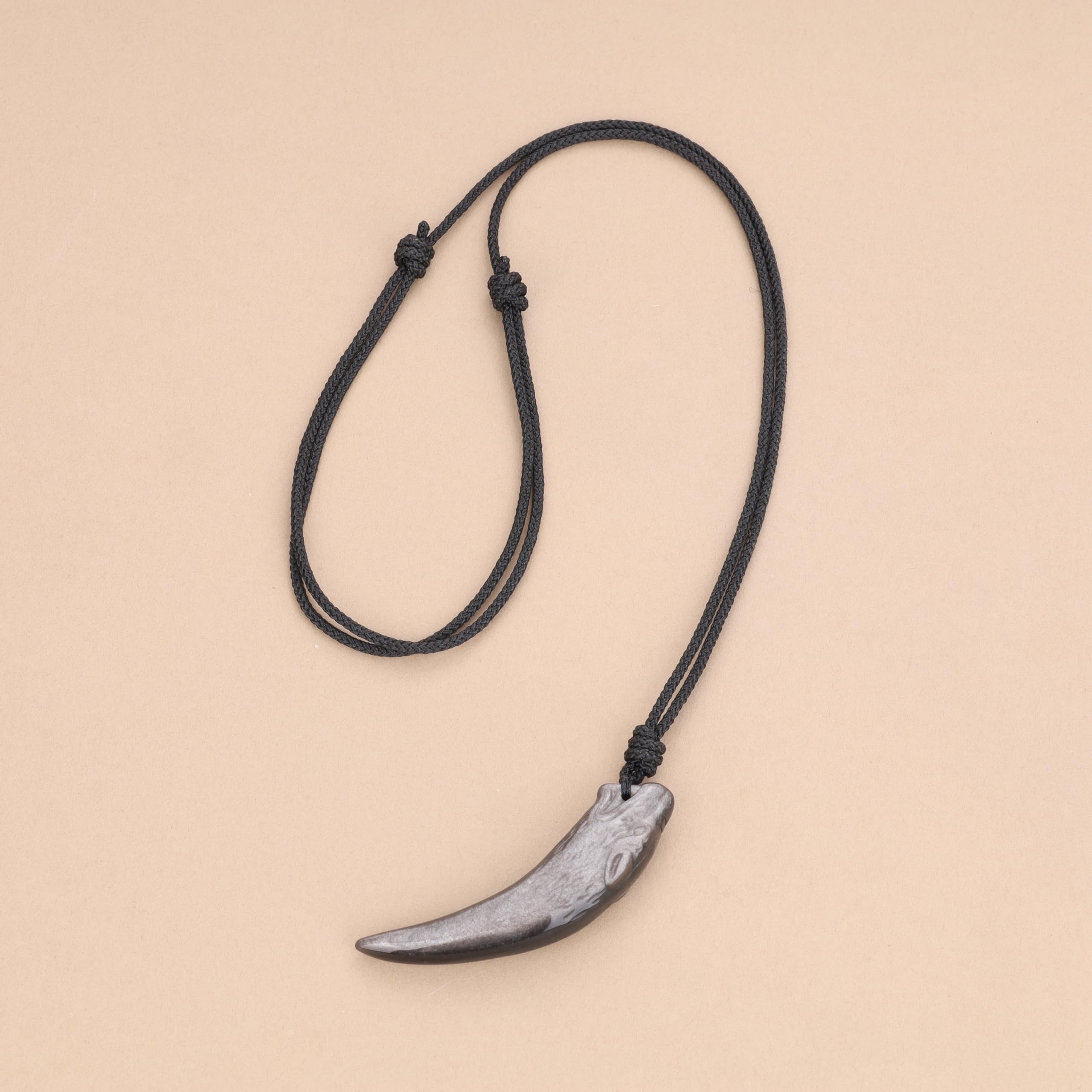 COAI Pendente Dente di Lupo Intarsiato in Ossidiana, Collana Pendente Unisex con Laccio Regolabile