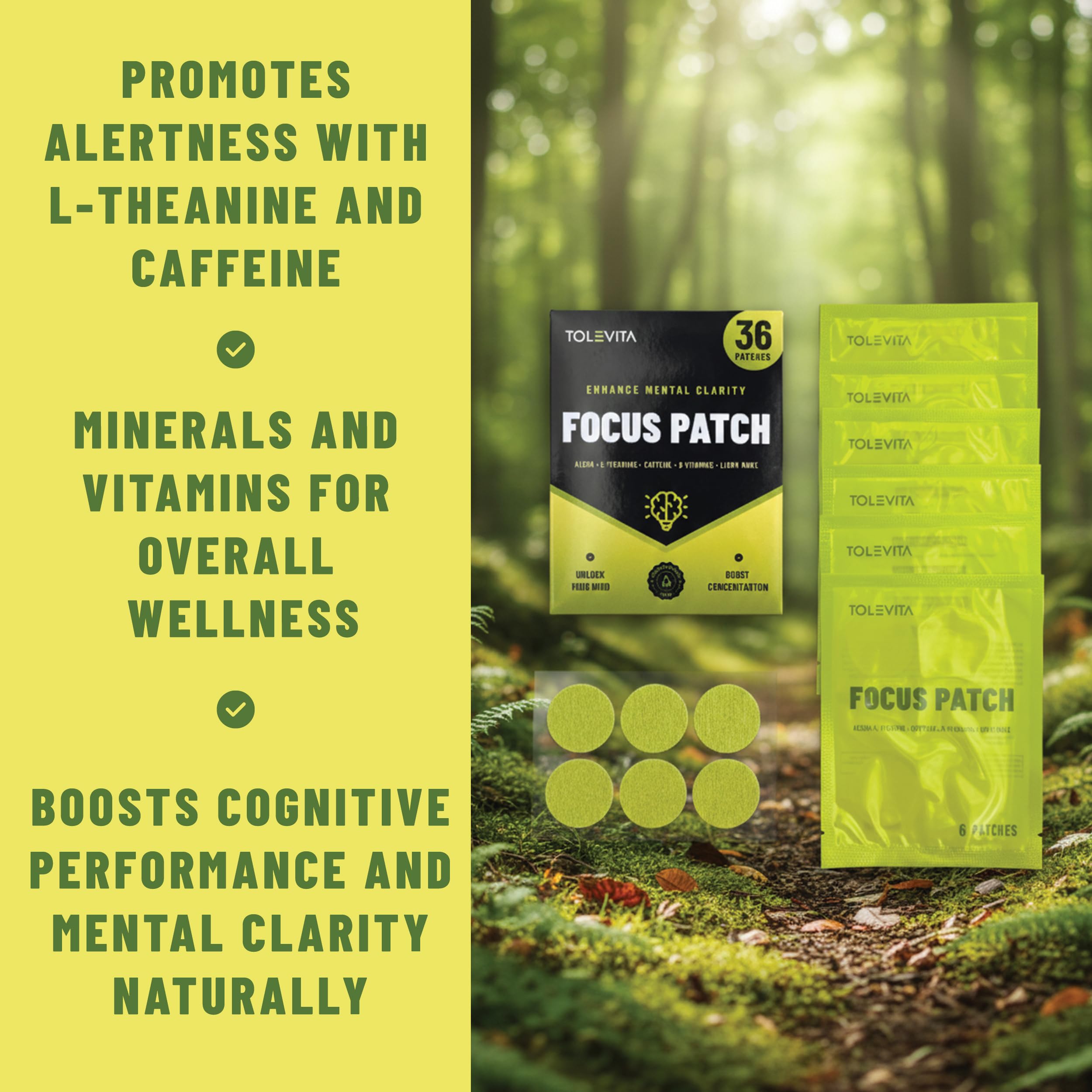 TOLEVITA Focus 36 pcs Patches – Mental Clarity & Energy - ALCAR, L-Theanine, B-Vitamins, Lion’s Mane – Convenient On-the-Go Patches — Amazon image 5