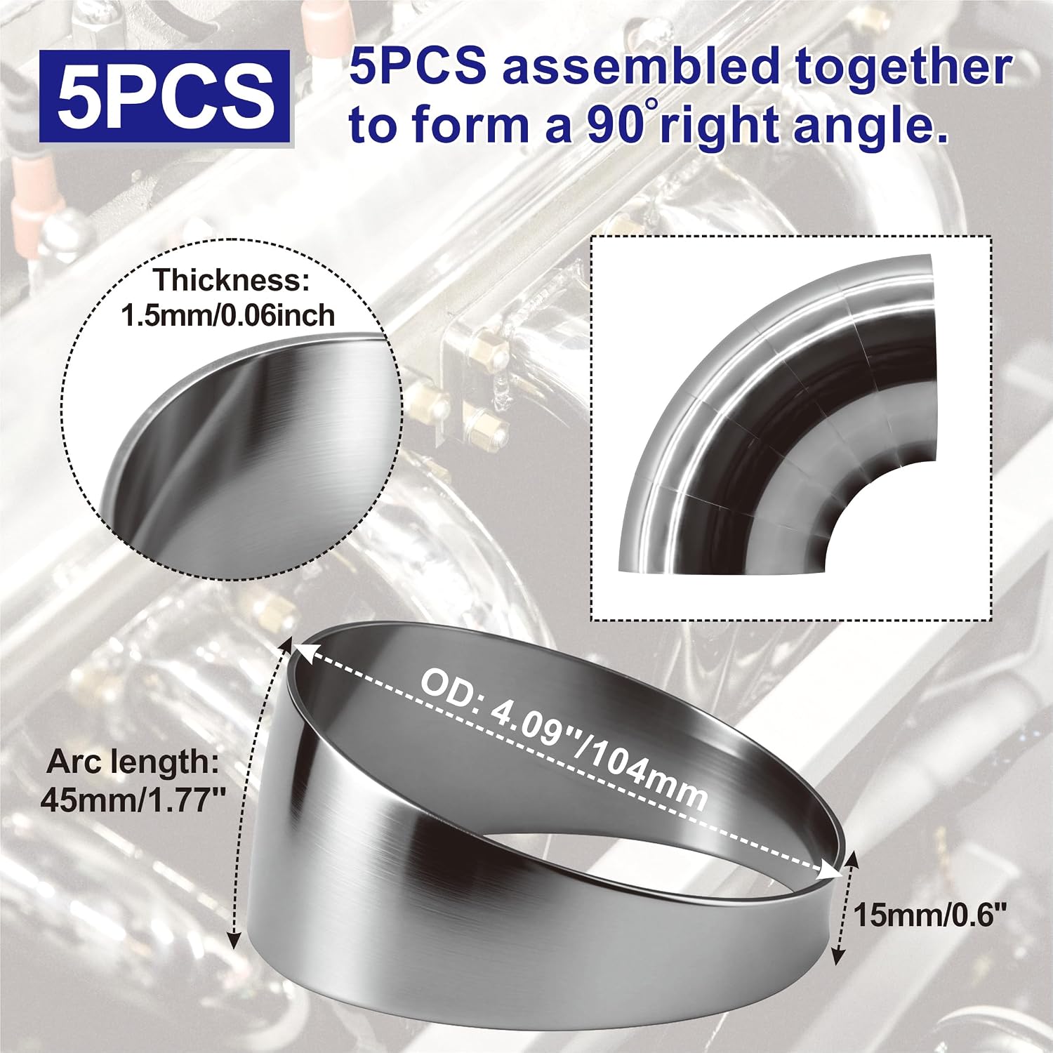 5PCS 4" 304 Stainless Steel Tight Radius Pie Cuts, 90 Degree Stainless Exhaust Pipe Exhaust Cutout, Pie Cuts Laser Cut & Deburred for Custom Exhaust and Fabrication Projects