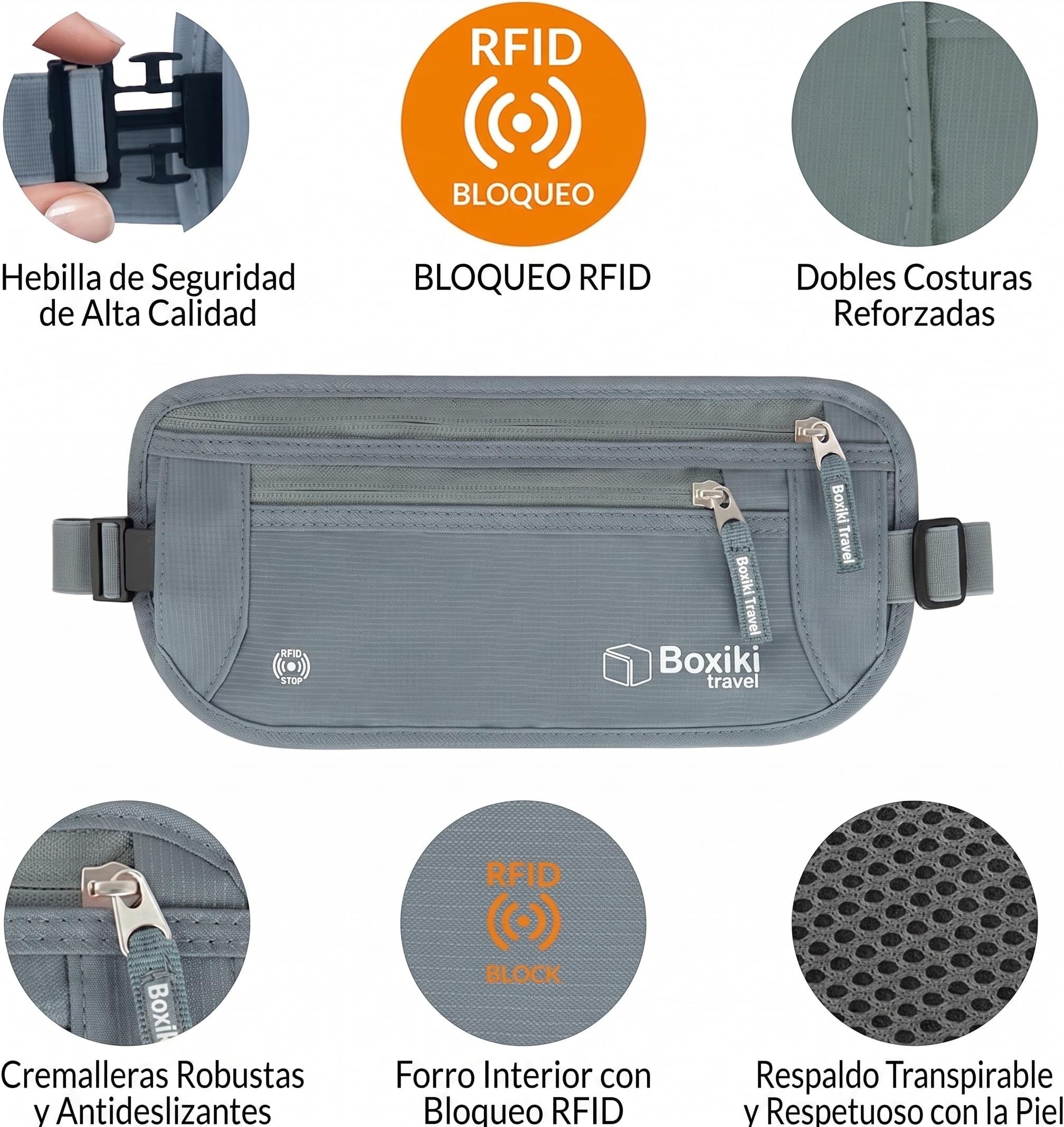 Boxiki Travel Hidden Money Belt para Hombres y Mujeres - Cinturón de Cintura con Bloqueo RFID para Pasaporte, Billetera y Teléfono - Seguro para Viajar