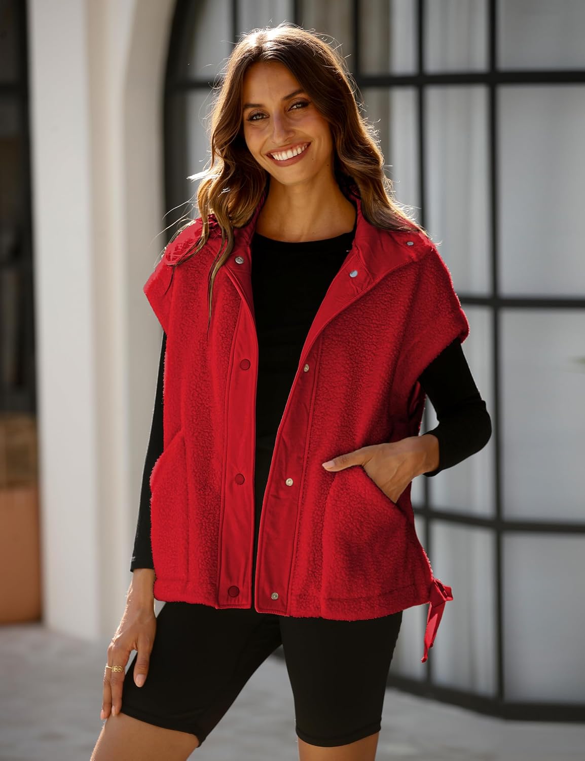 Gozoloma Women's Oversized Fleece Vest Sleeveless Casual Button Down Piecing Fuzzy Sherpa Gilet Jacket with Pockets - Image 3