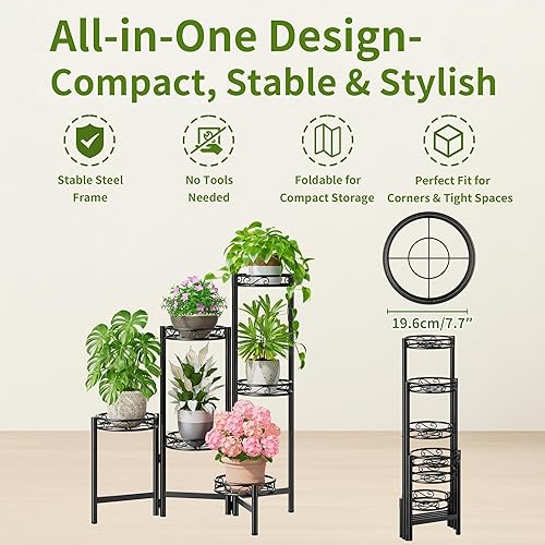 Miniatura 5 de Soporte para Plantas de Interior y Exterior, Estante de Metal de 6 Niveles para Múltiples Plantas, Soportes de Flores Altos Plegables de Esquina