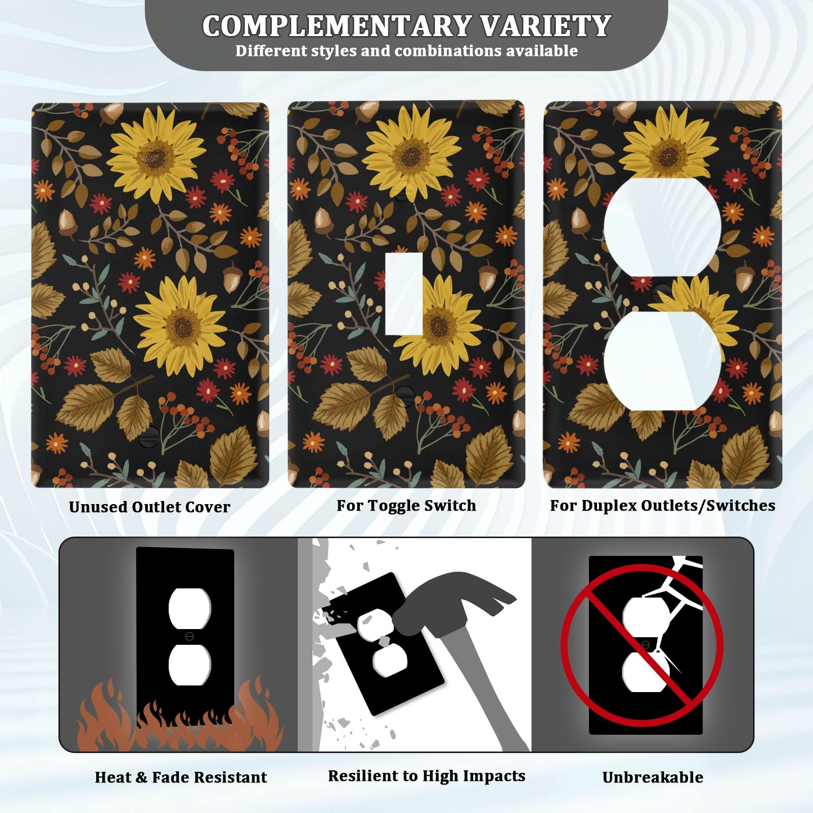 Plaque Murale Pour Interrupteur De Prise De Courant - Motif Tournesols - Fond Noir - Décoration Lumineuse - Plaque Murale Pour Prises électriques