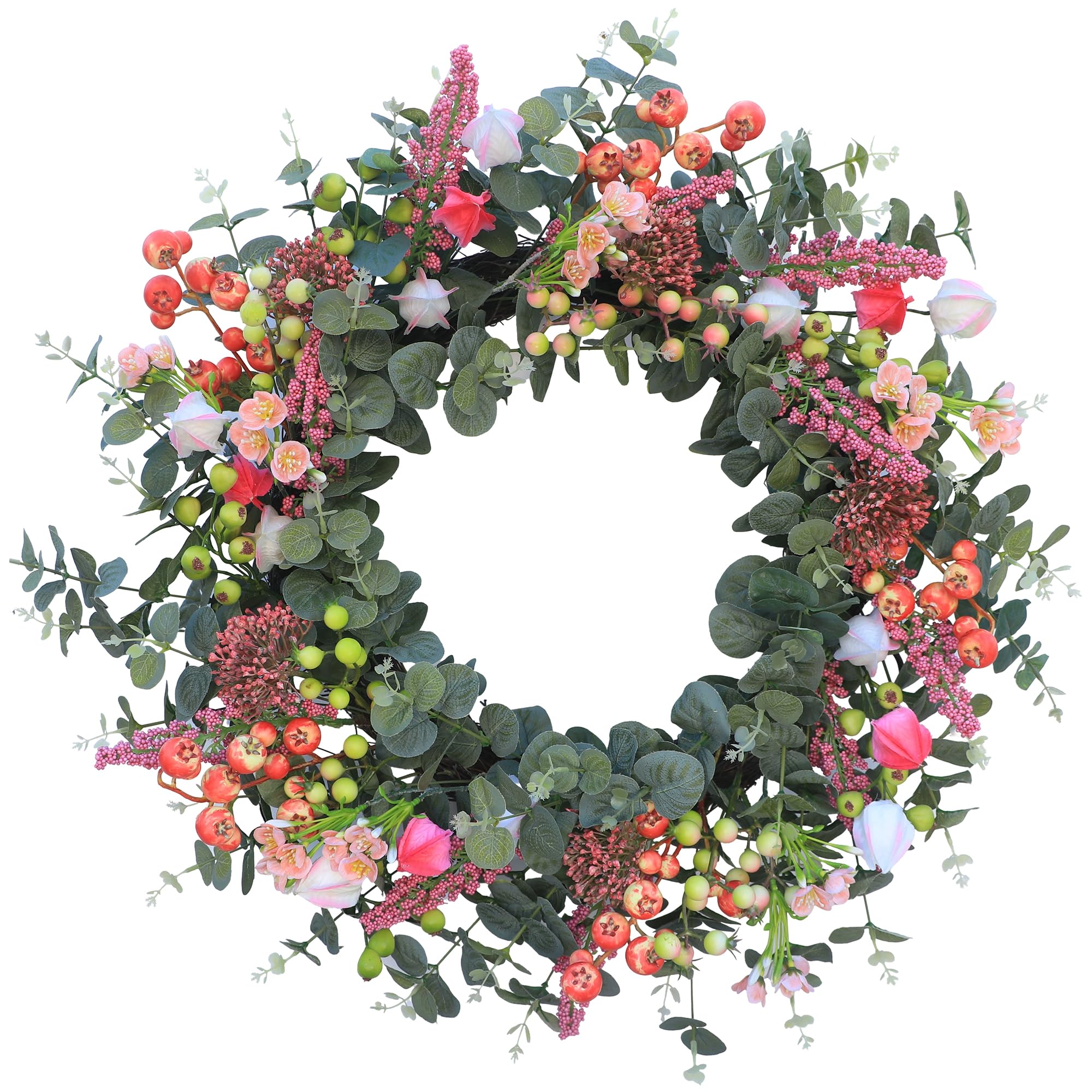 Eucalyptus Wreath for Front Door 24 Inch Purely Handmade Berries Spring Summer Wreaths with Bud, Hawthorn berry, Wildflower, Window -Green Decor for