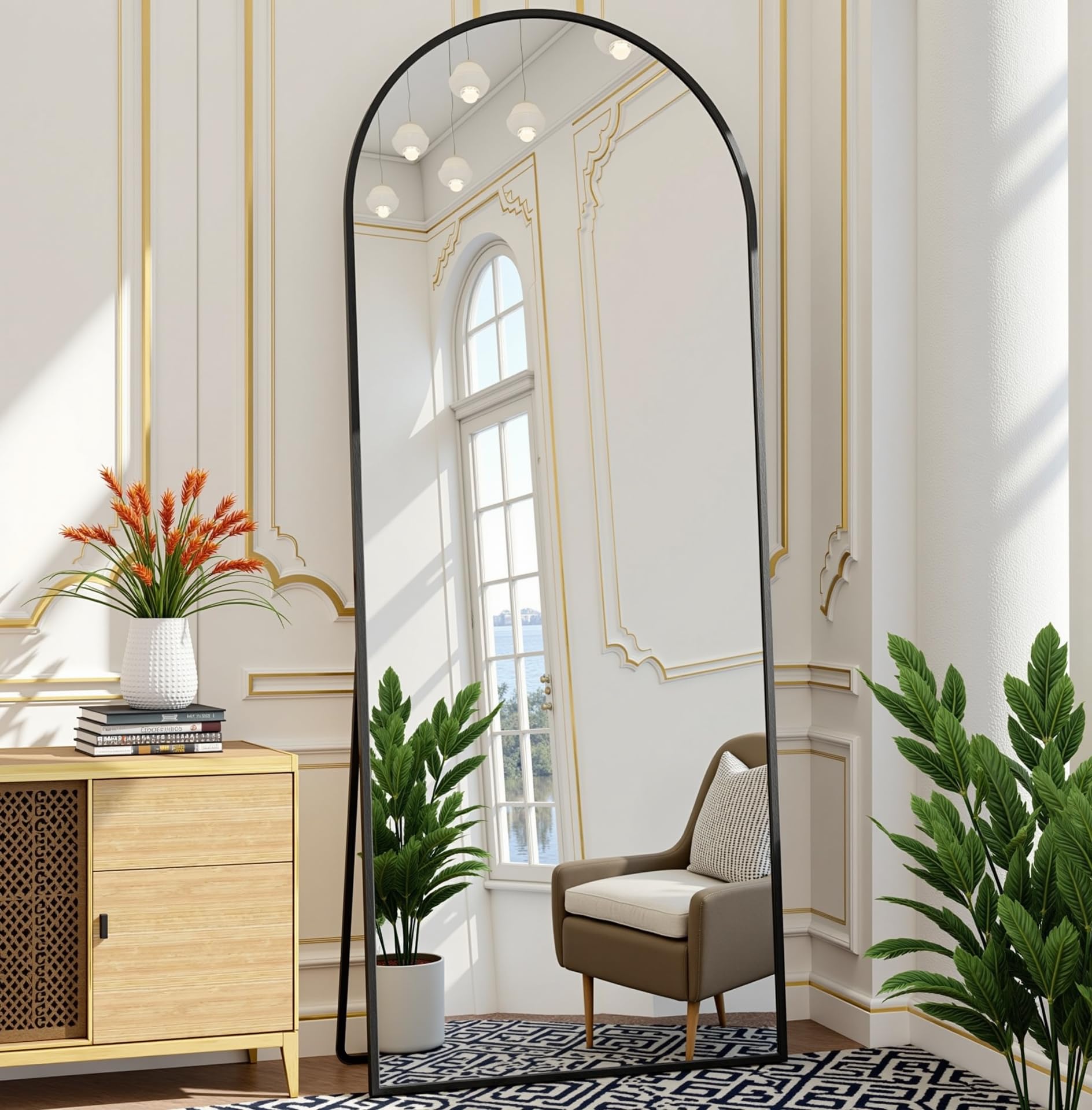 Arched Floor Mirror, 57 "x 20" Full Length Mirror Wall Mirror Hanging or Leaning Arched-Top Full Body Mirror with Stand for Bedroom, Dressing Room, Black