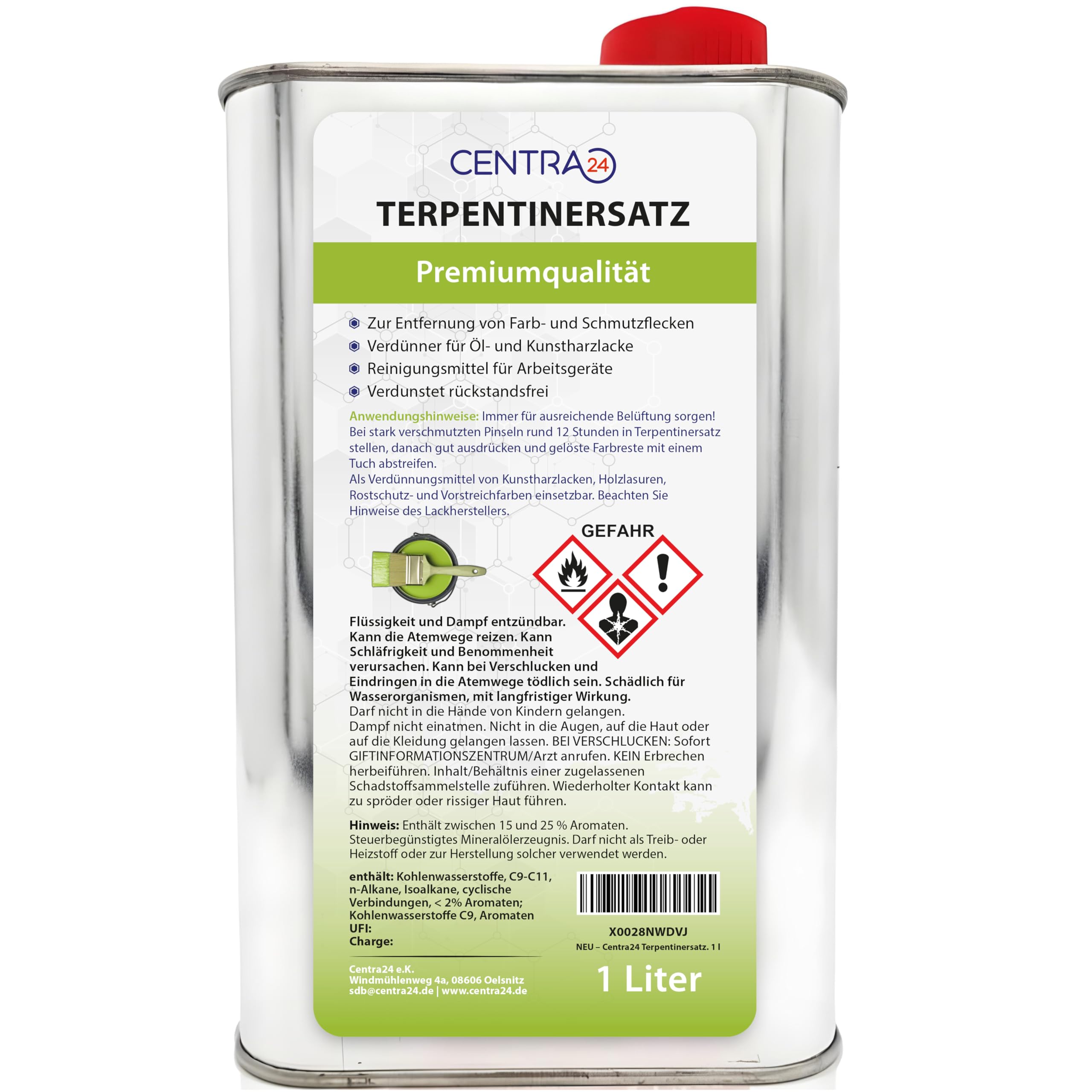 Centra24 Terpentinersatz, 1 Liter, Premiumqualität, farblos, rückstandsfrei, Entlacken, Pinselreiniger, Verdünner für Farben aus Kunstharz und Öllack, Lösungsmittel