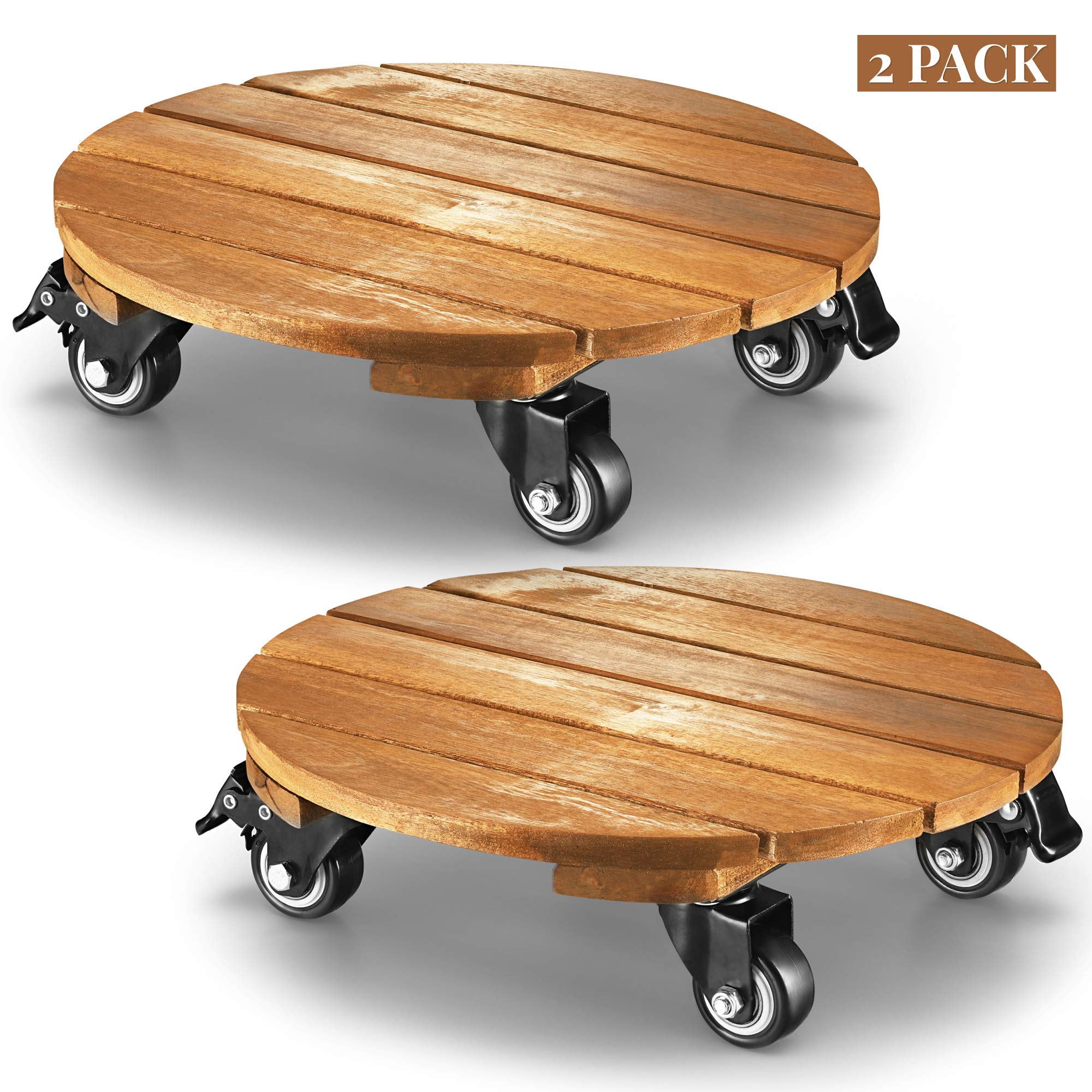 LITADA Acacia Wood Plant Caddy (Set of 2) Plant Dolly Heavy Duty, 12