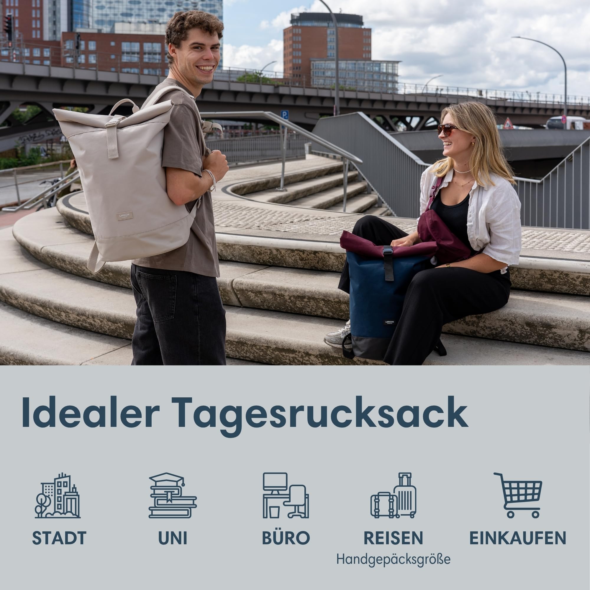 LARKSON Rucksack Damen & Herren Braun - Janne - Rolltop Rucksack mit Laptopfach für Uni, Arbeit, Reise & Fahrrad - Backpack Tagesrucksack Mittelgroß - Wasserabweisend