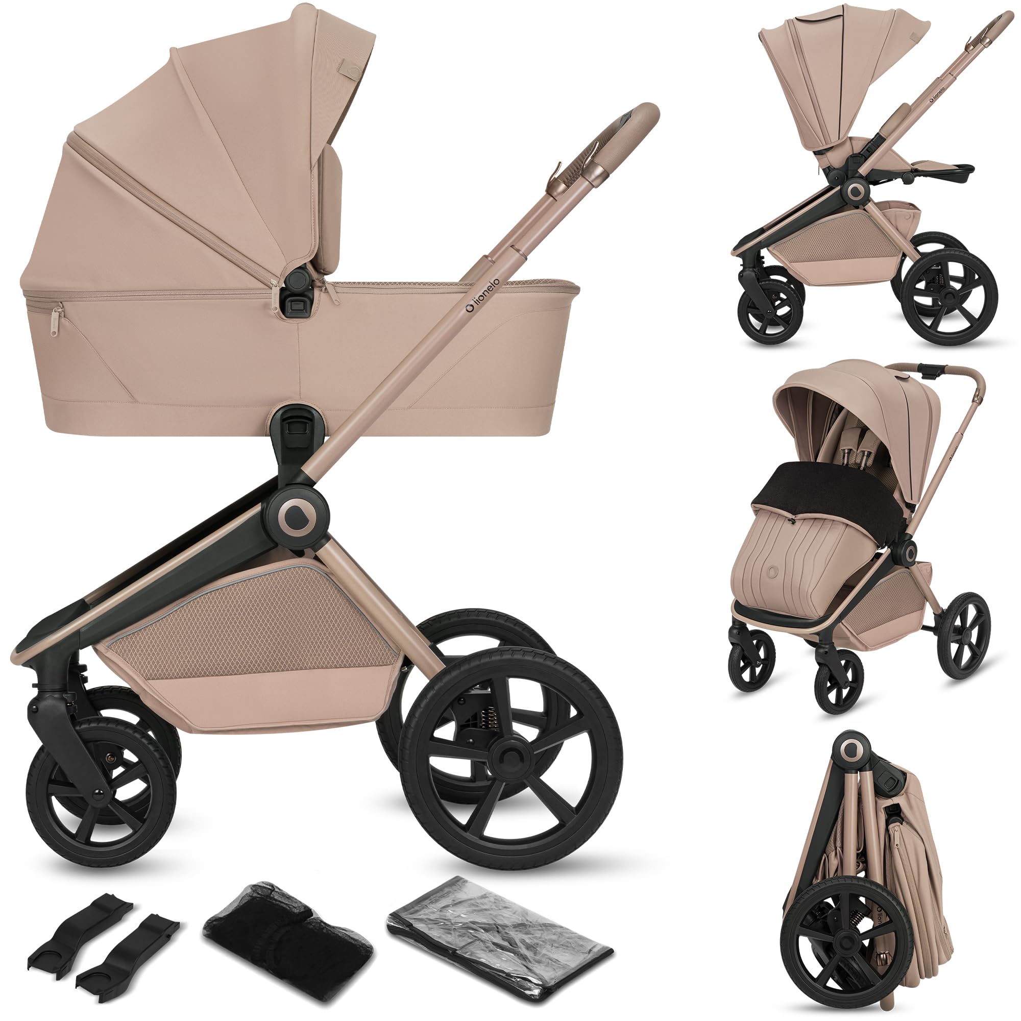 Lionelo Freya Poussette 2en1 (0-4 Ans, 0-22 Kg), Nacelle Pliable et Poussette Bebe, Position Allongée, Suspension et Roues PU, Capote UPF50+, Boucle Magnétique, Ventilation, Accessoires (Beige)