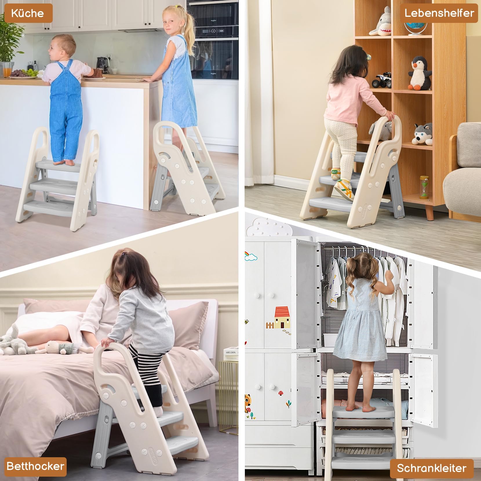 Onasti Tritthocker für Kinder, 2 Stufen - 3 Stufen Höhenverstellbar Kinderschemel, Trittschemel für Baby, Lernturm mit Handhaben, Faltbar, Multifunktional, für Bad, Kleinkinderzimmer, Küche (Grau)