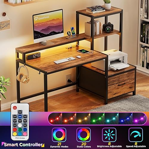 Miniatura 47 de GreenForest Escritorio de oficina con tomas de corriente y estante para impresora, escritorio de computadora de 59 pulgadas con LED y cajón,