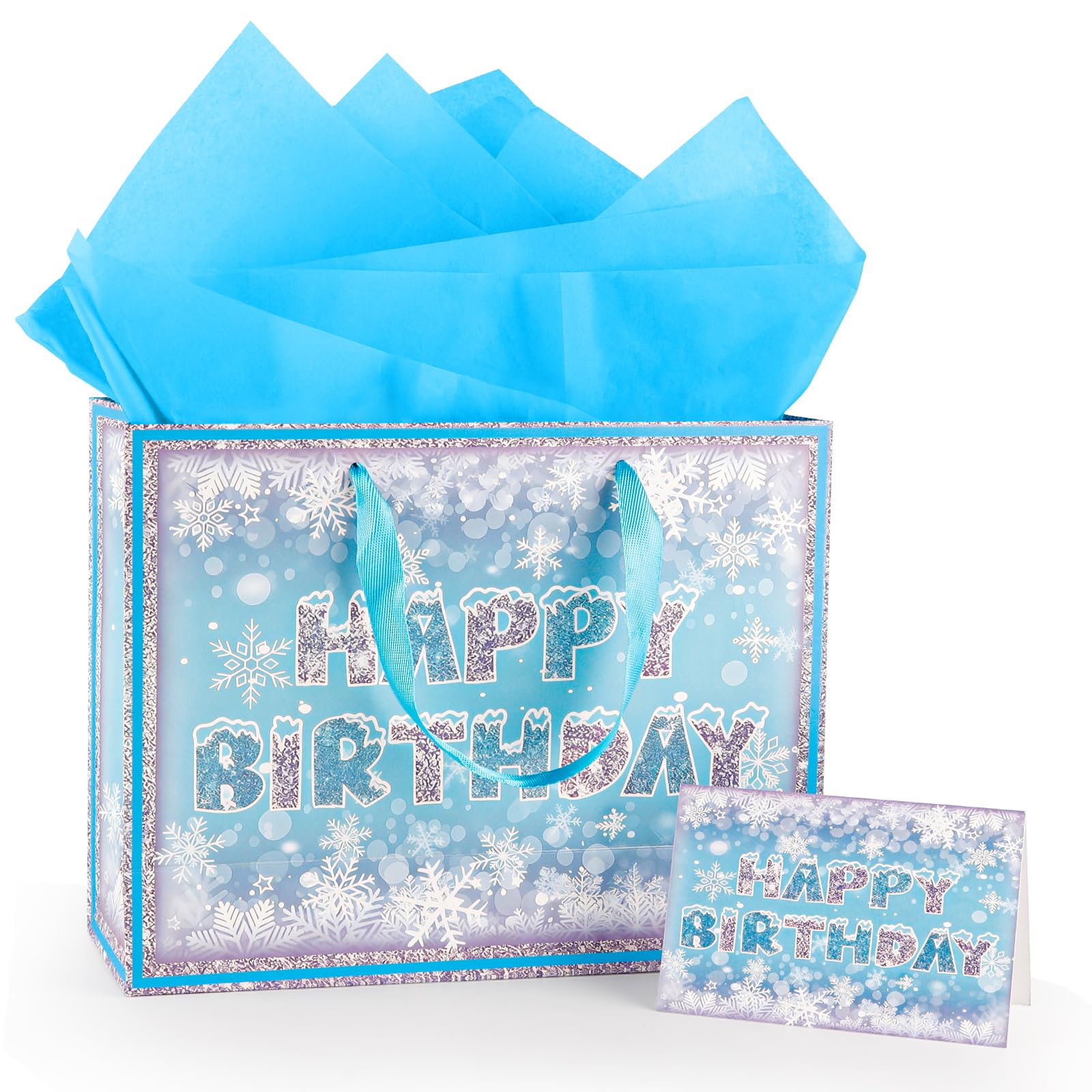 Yiran Schnee Geschenktüte mit Grußkarten und Verpackungspapier, Mädchen Geburtstag Geschenk Verpackung, Snow Happy Birthday Geschenktasche
