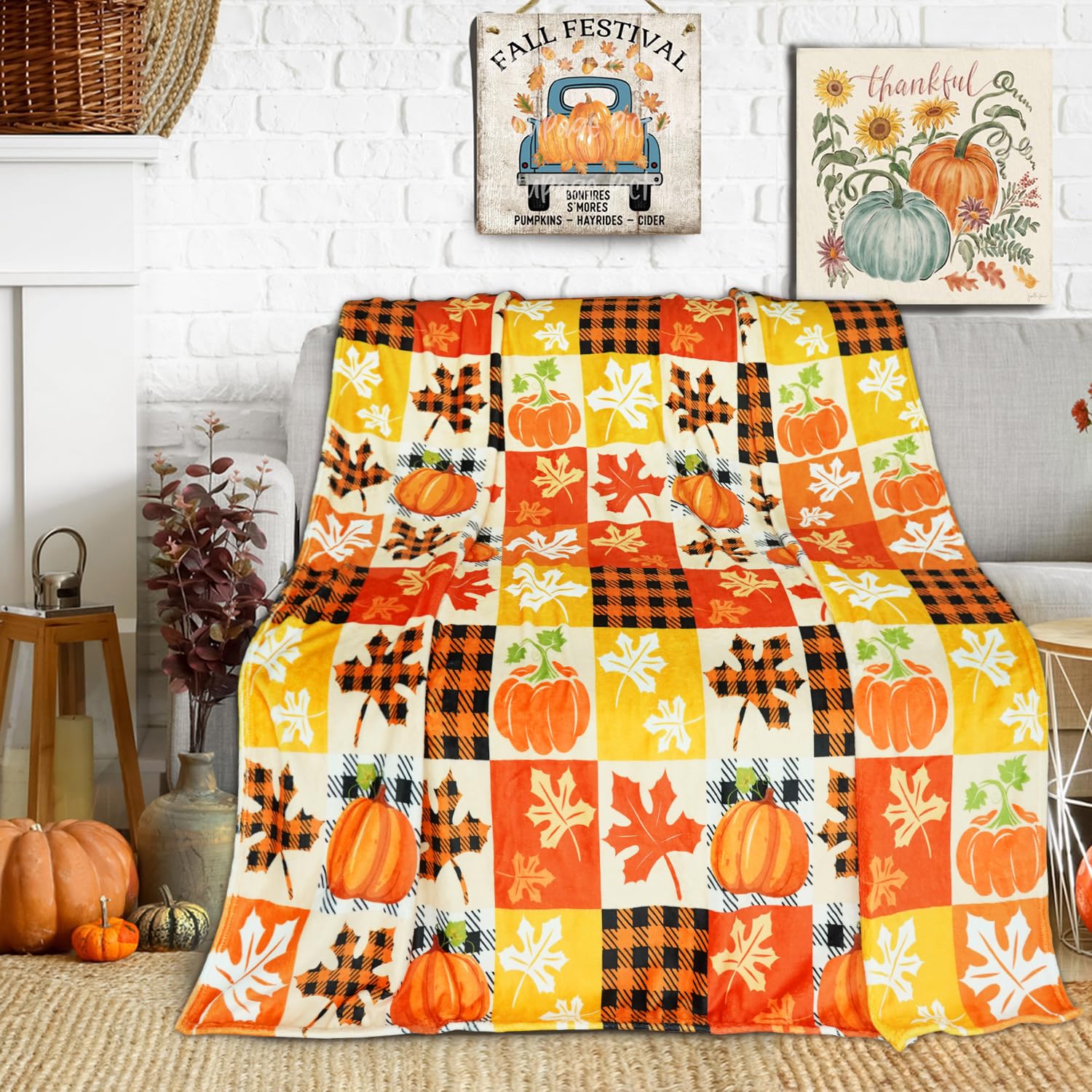 Herbst-Überwurfdecke 127x152 Cm – Wendbar Mit Kürbis & Ahornblatt-Muster, Aus Weichem Flanell | Rustikale Wohnaccessoires Für Couch & Bett
