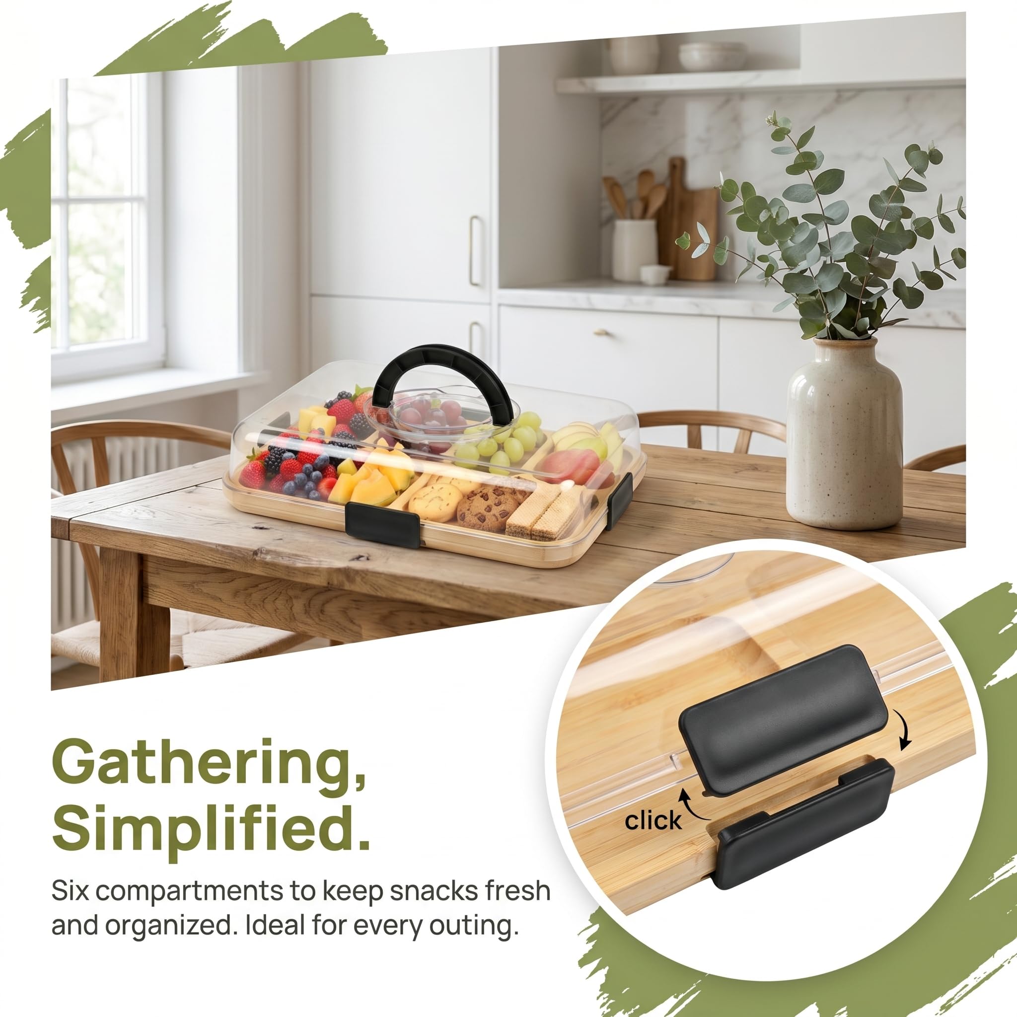 Charcuterie Board con coperchio, 36,7 cm, con manico, in bambù, con coperchio, vassoio da portata per formaggio, snack, antipasti, grande piatto per snack diviso, per picnic, feste, 2-4 persone
