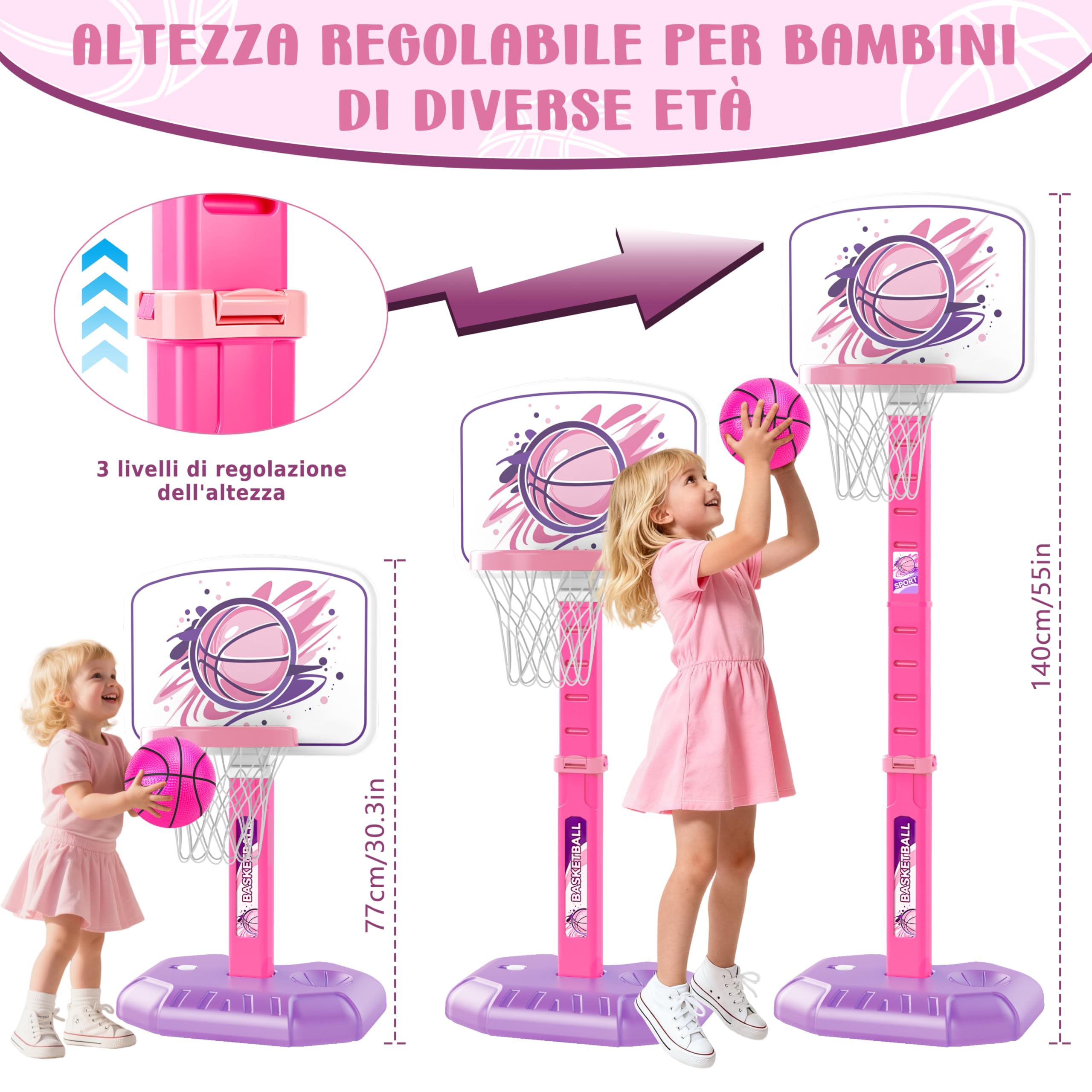 MOMOSTAR Canestro Basket Bambini, Canestro Basket Esterno e Interno, Altezza Regolabile 70-140cm, Giochi da Esterno per Bambini, Regali di Compleanno per Bambini 3 4 5 6 Anni