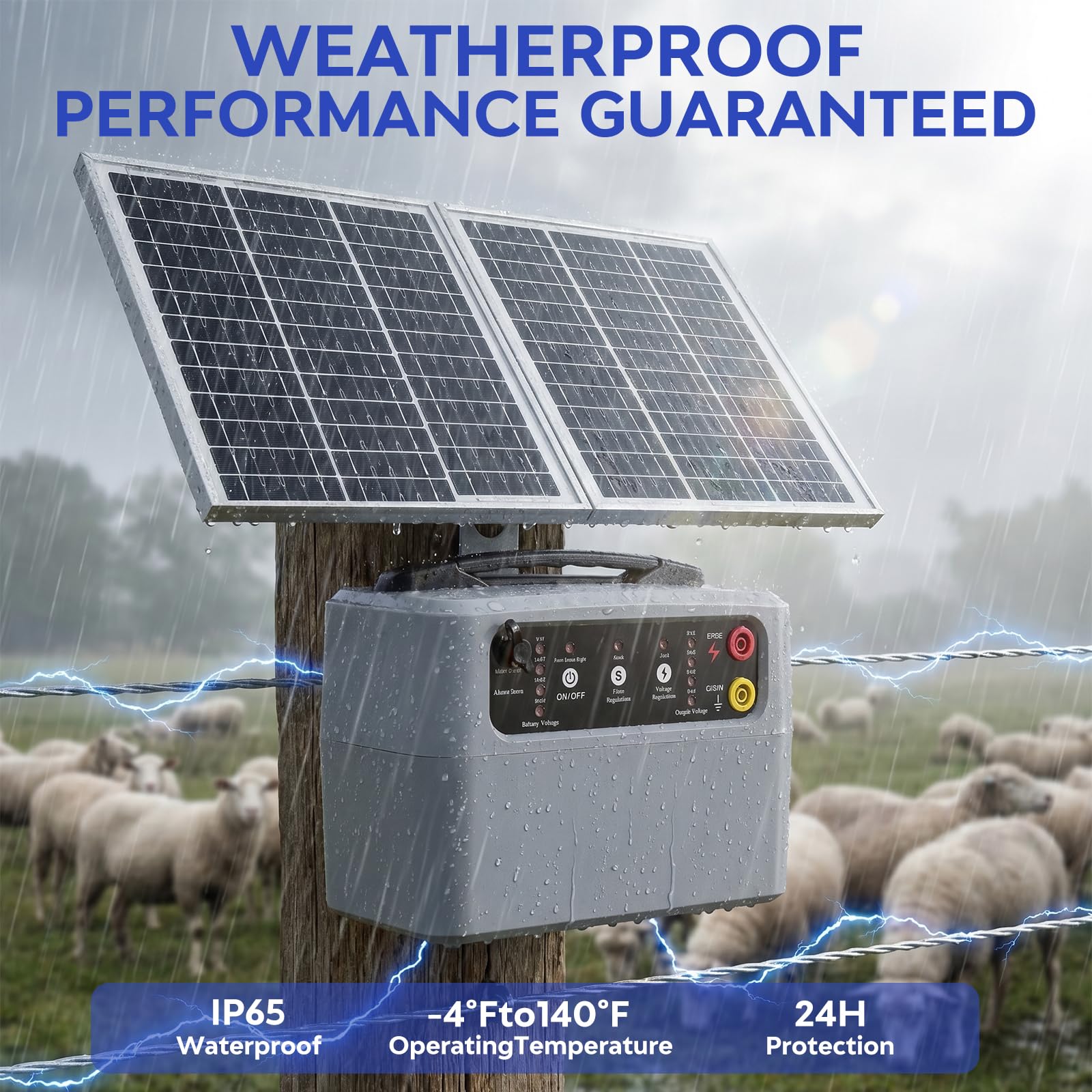48 KM Pastor Electrico Solar, 0,3 J-1,5 J, 6 KV-12 KV Cerca Eléctrica Controlador con Panel Solar de 15 W, con Batería de Plomo-ácido Integrada de 12 V y 7 Ah, Apto para Ganado Ganado, Vacas(Gris)